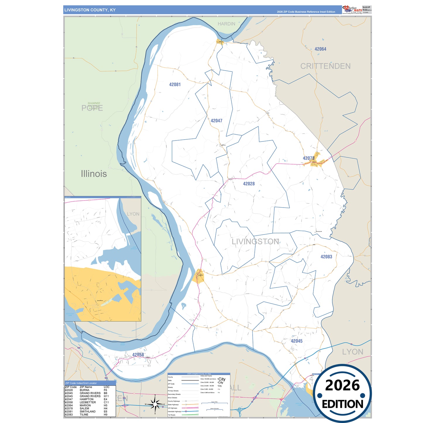 Livingston County, KY Business Reference 5 Digit ZIP Code Wall Map