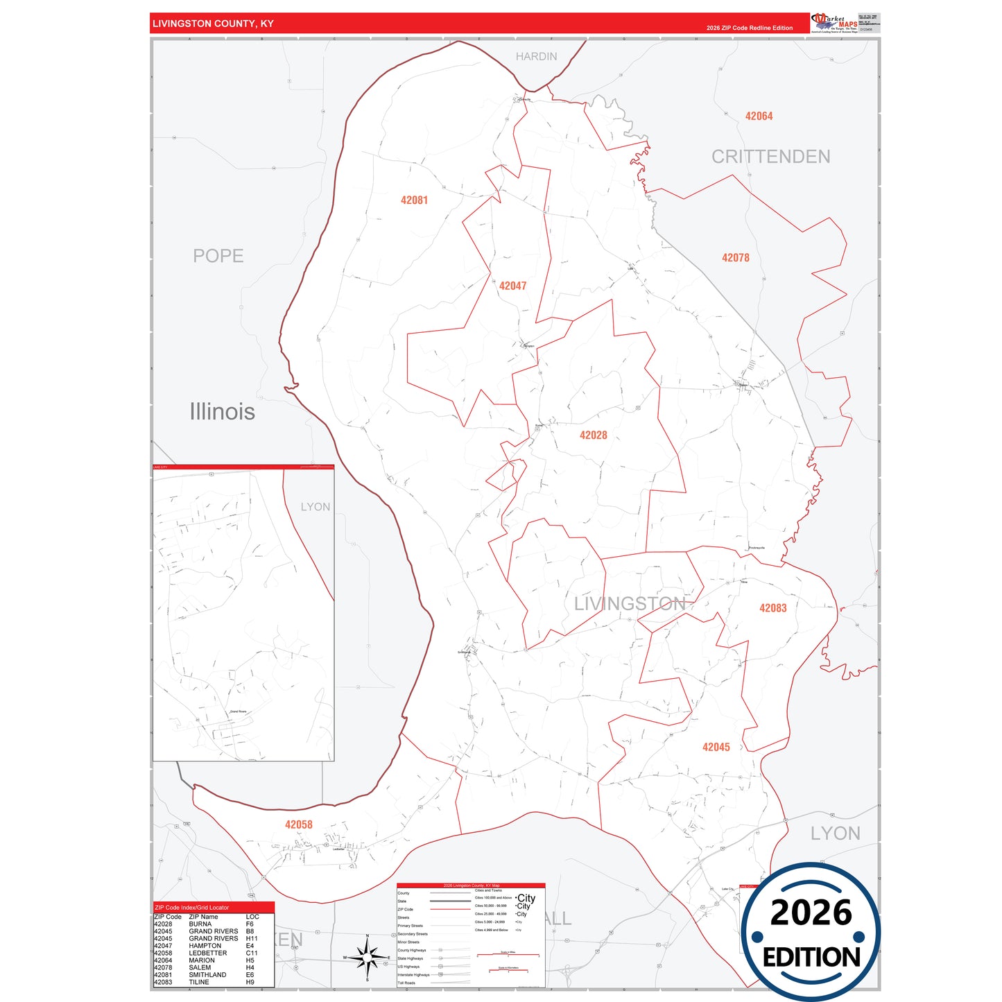 Livingston County, KY Red Line 5 Digit ZIP Code Wall Map