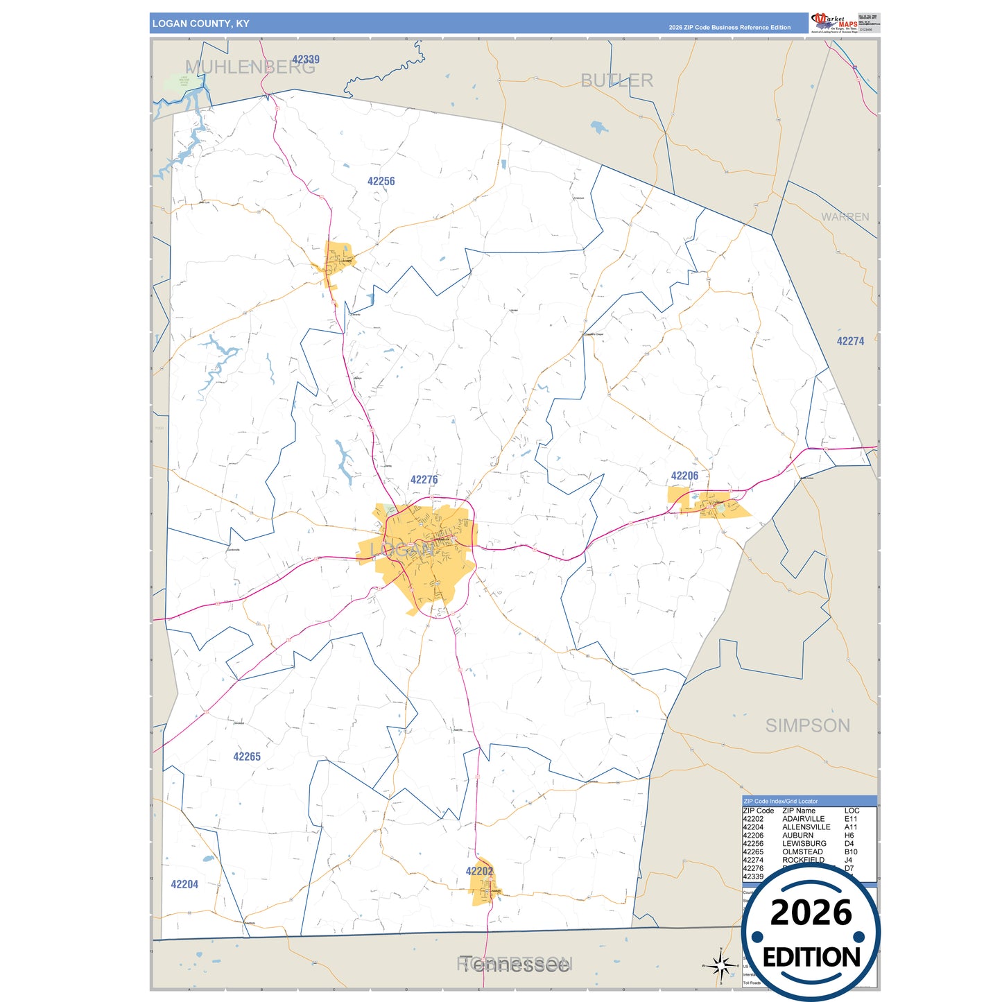 Logan County, KY Business Reference 5 Digit ZIP Code Wall Map