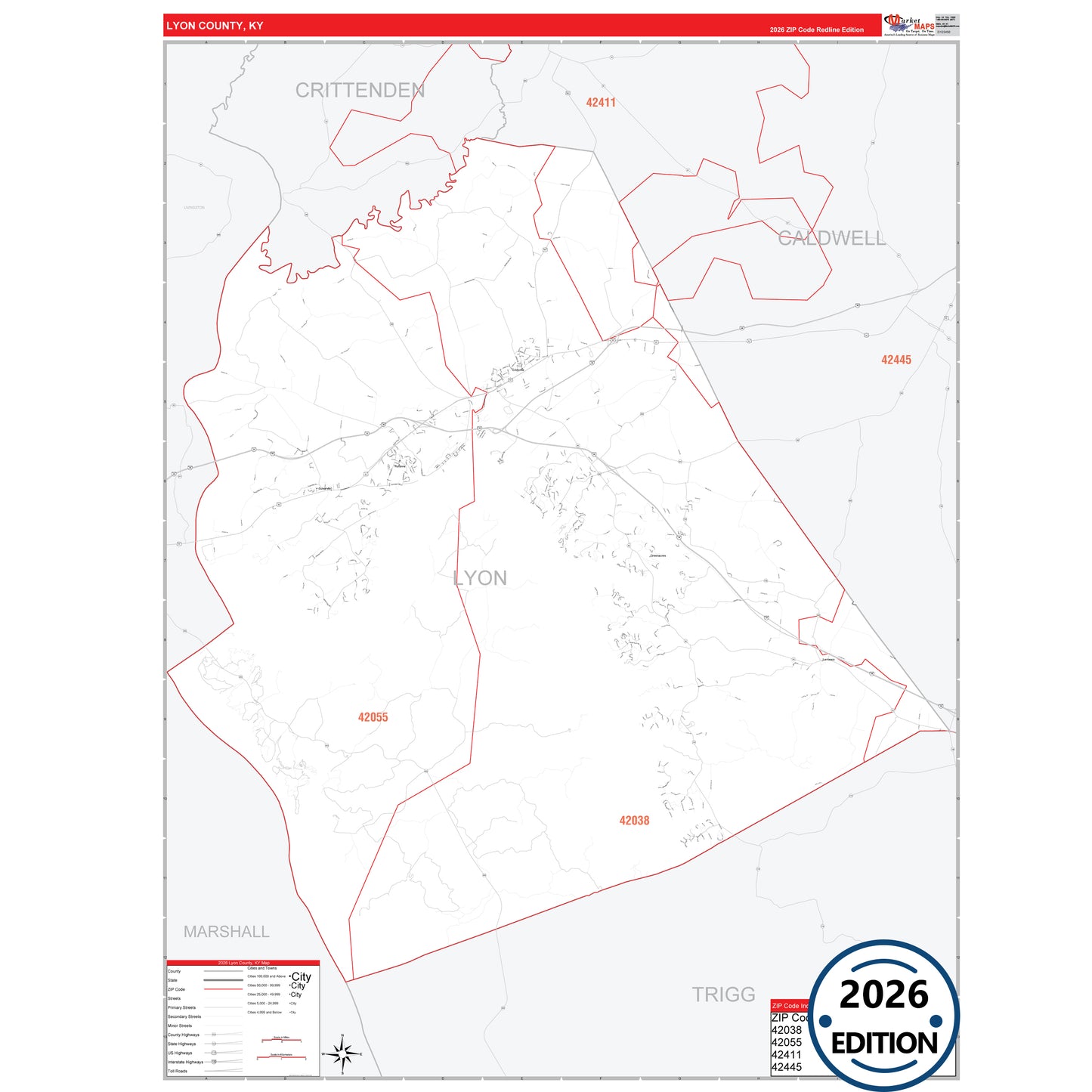 Lyon County, KY Red Line 5 Digit ZIP Code Wall Map