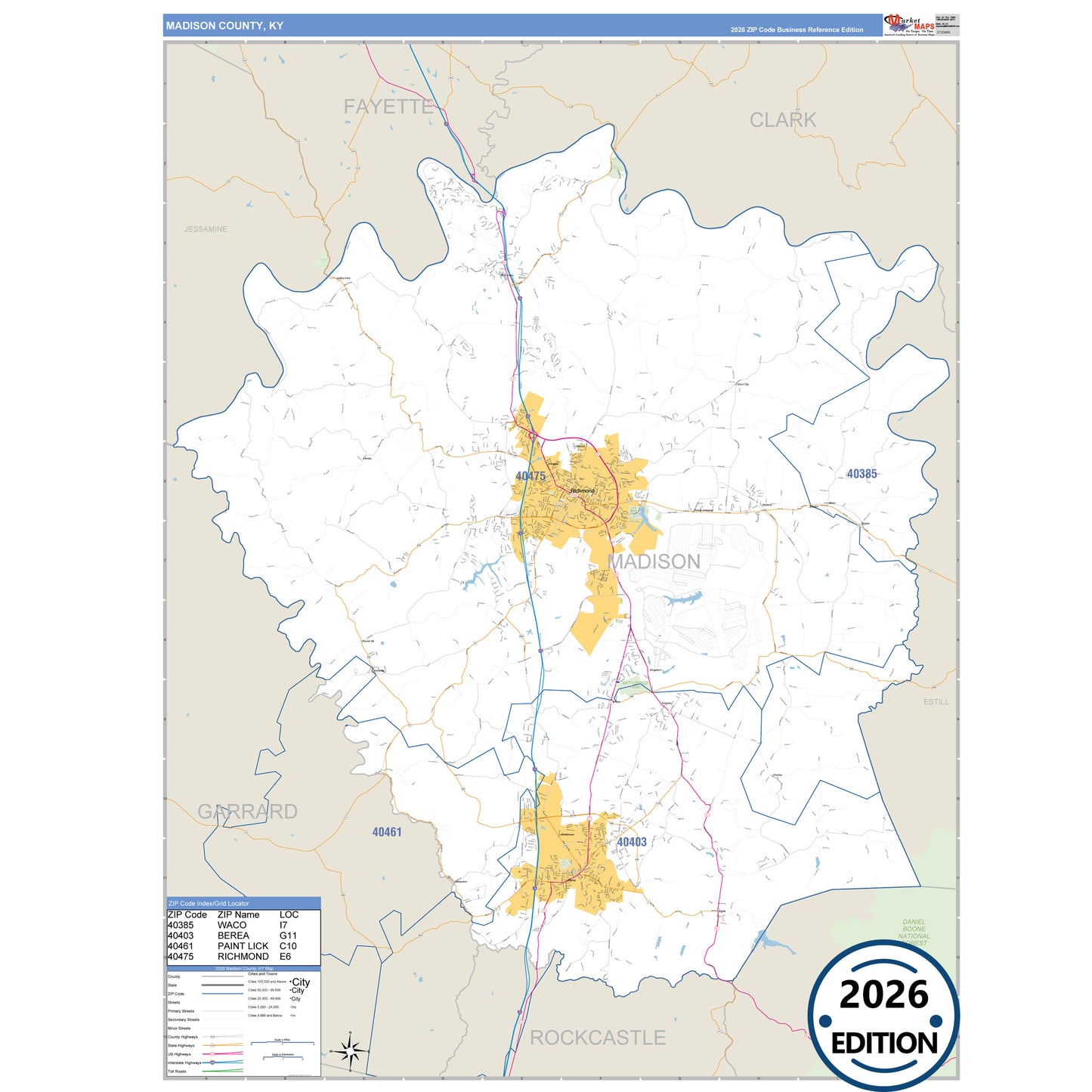Madison County, KY Business Reference 5 Digit ZIP Code Wall Map