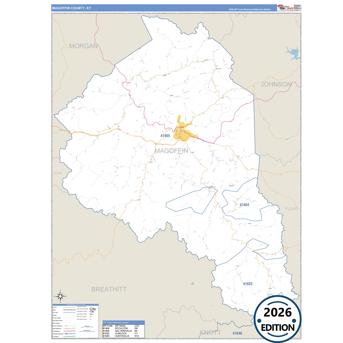 Magoffin County, KY Business Reference 5 Digit ZIP Code Wall Map