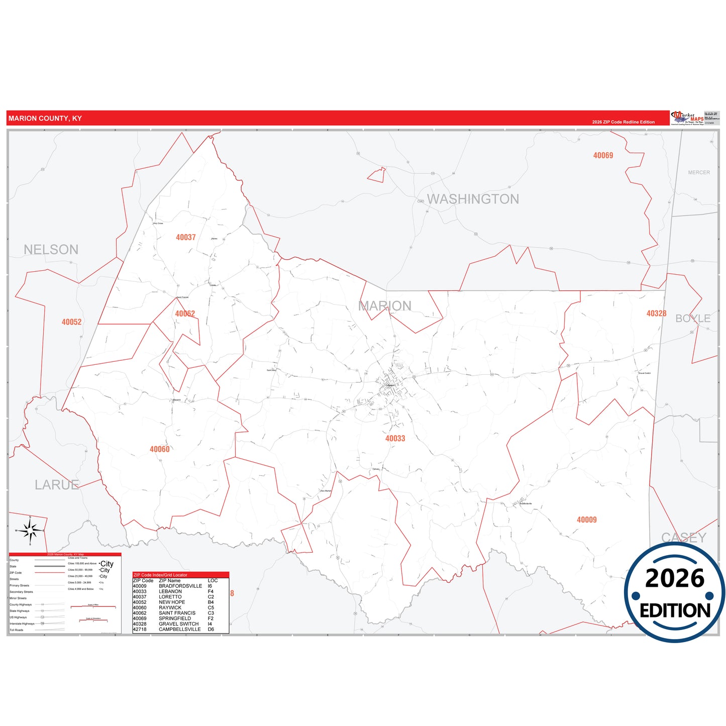 Marion County, KY Red Line 5 Digit ZIP Code Wall Map