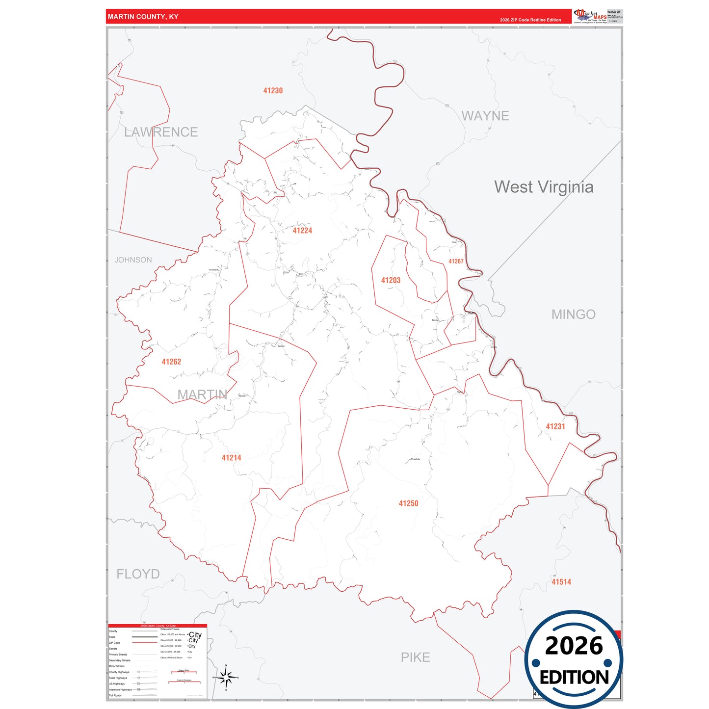 Martin County, KY Red Line 5 Digit ZIP Code Wall Map
