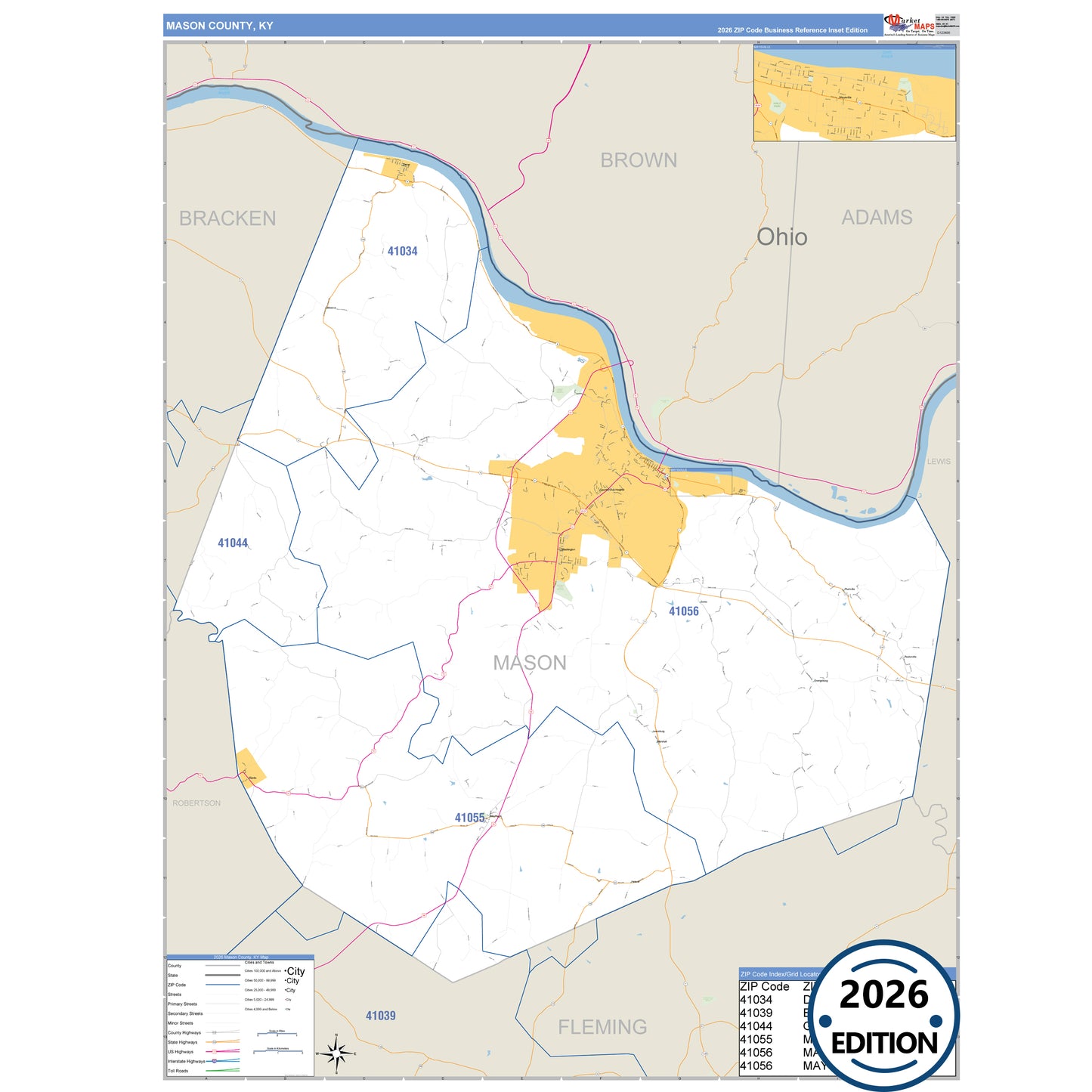 Mason County, KY Business Reference map with detailed roads, cities, and ZIP code boundaries.