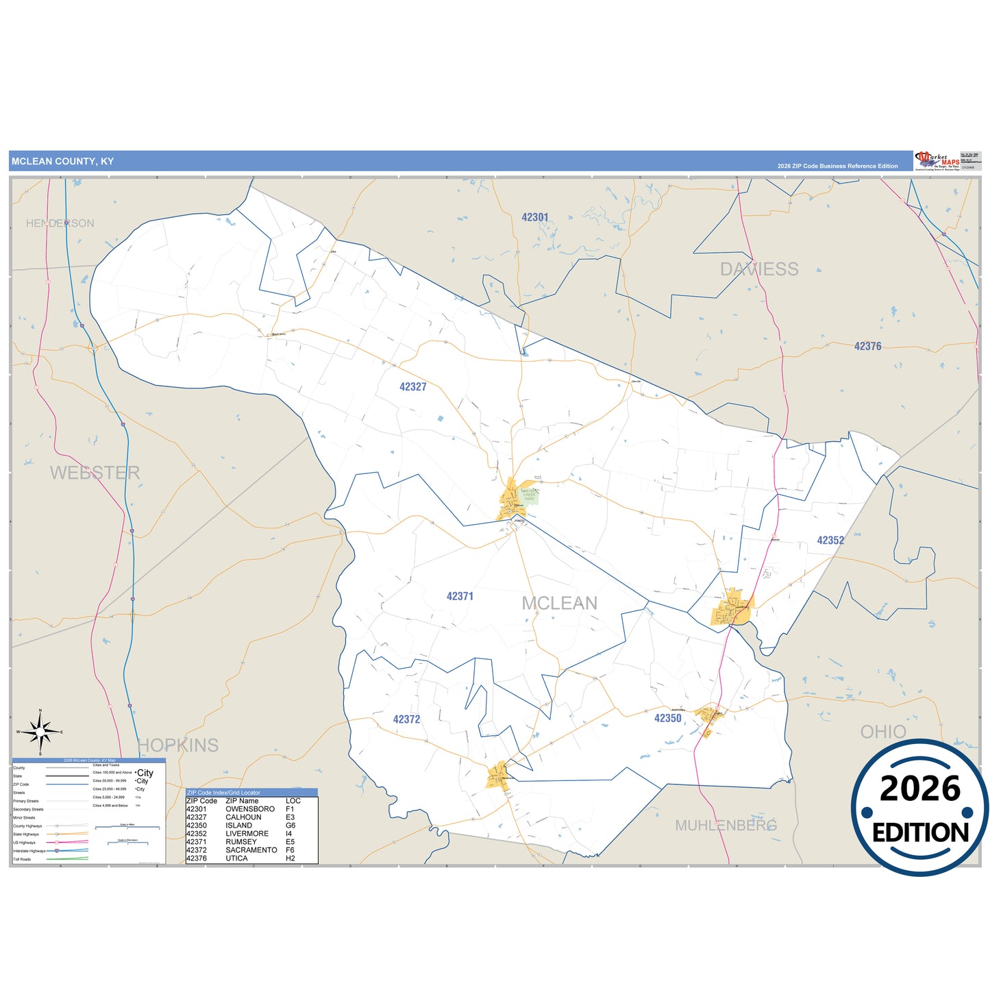McLean County, KY Business Reference 5 Digit ZIP Code Wall Map