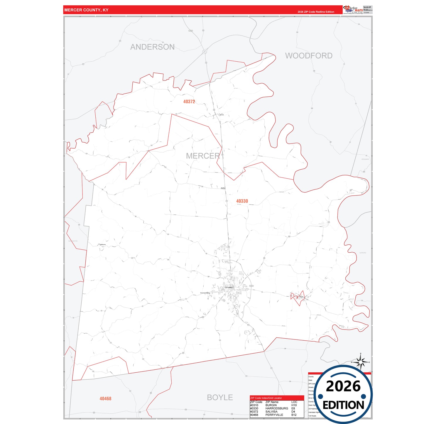 Mercer County, KY Red Line 5 Digit ZIP Code Wall Map