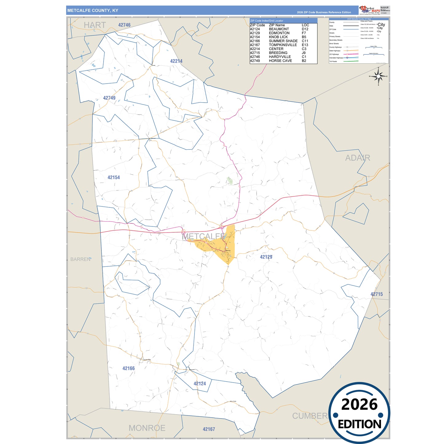 Metcalfe County, KY Business Reference 5 Digit ZIP Code Wall Map