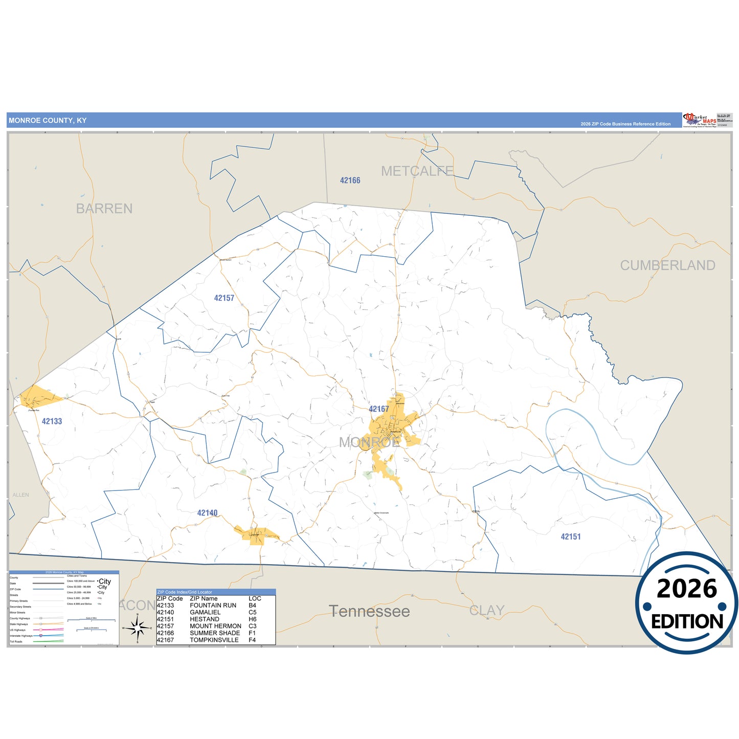 Monroe County, KY Business Reference 5 Digit ZIP Code Wall Map