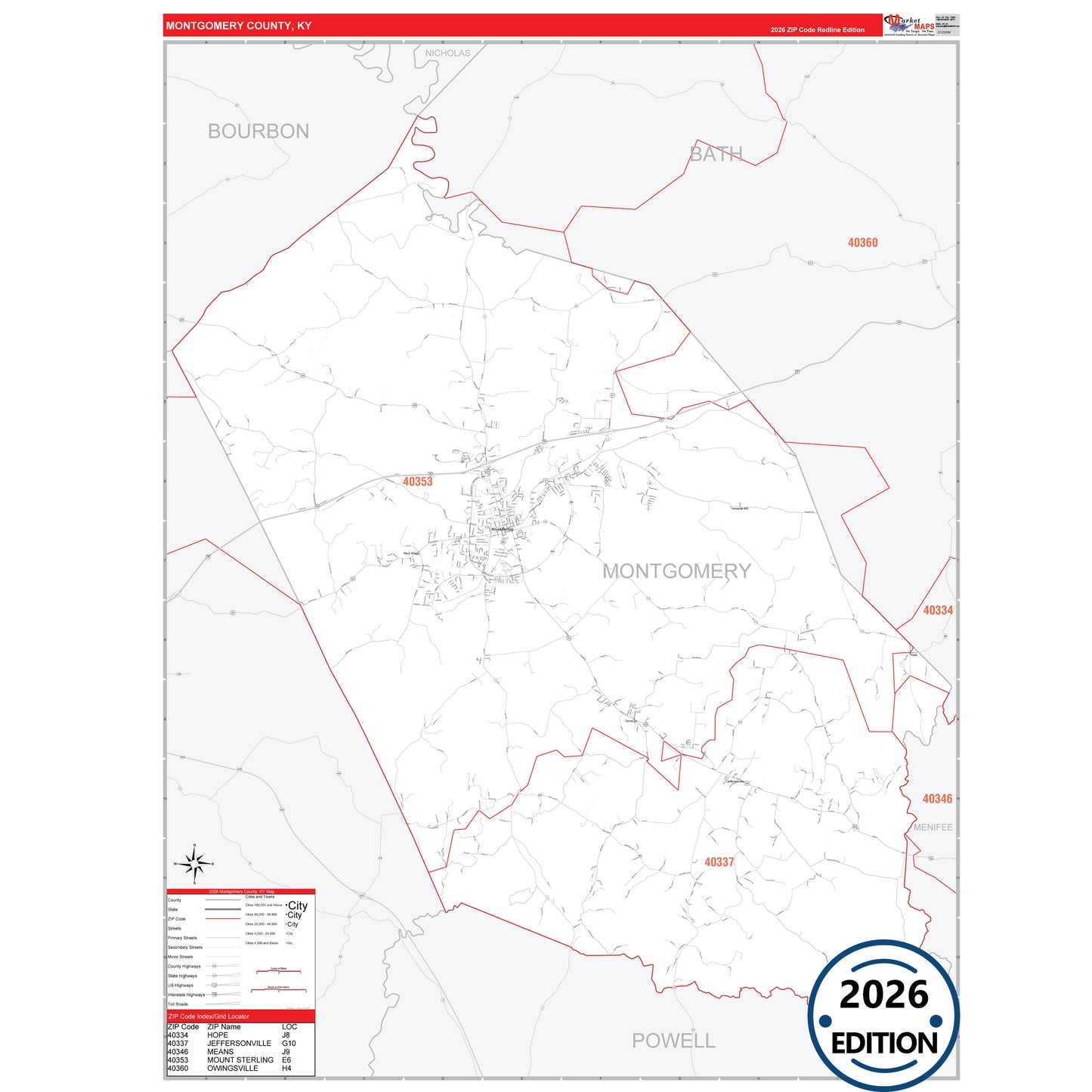 Montgomery County, KY Red Line 5 Digit ZIP Code Wall Map