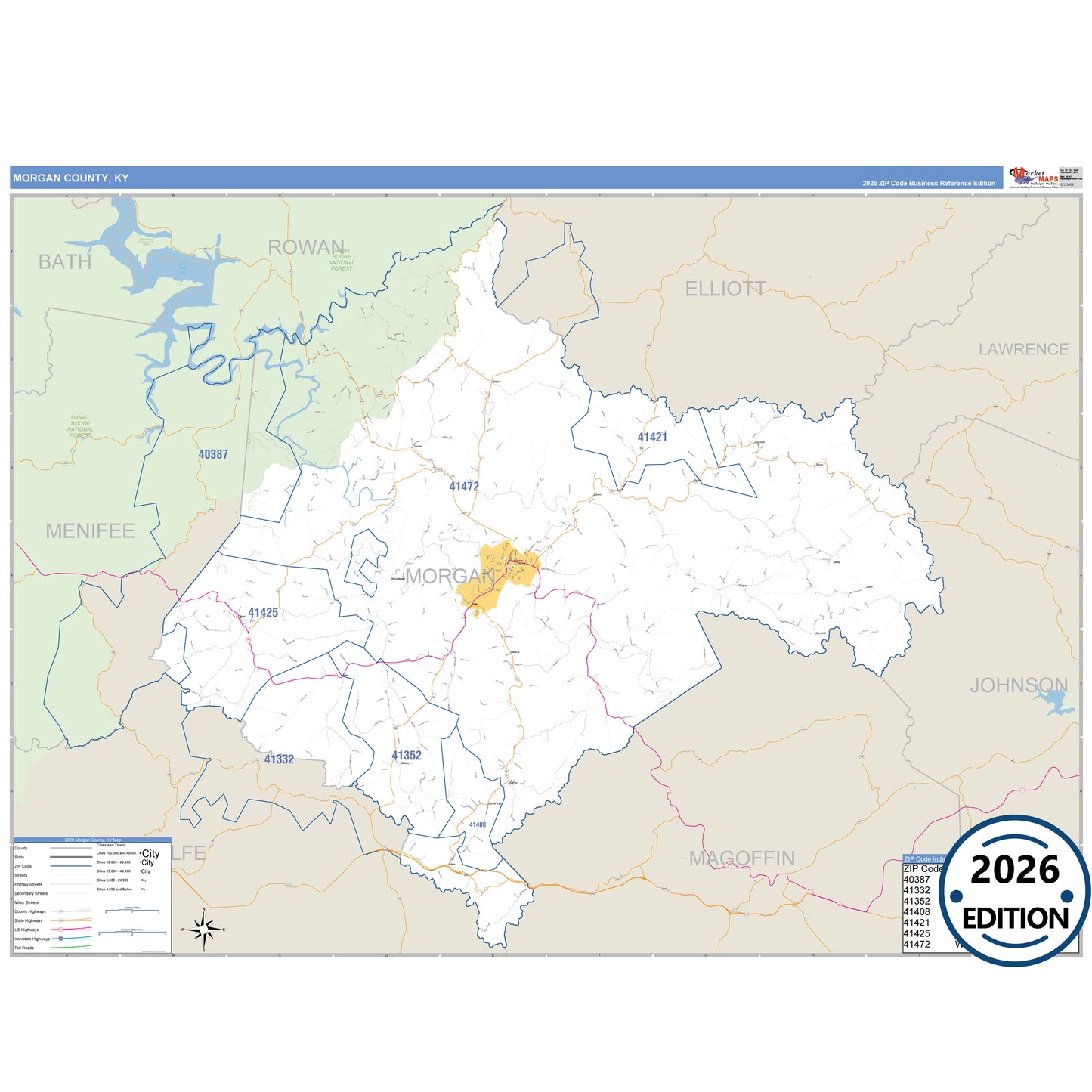Morgan County, KY Business Reference 5 Digit ZIP Code Wall Map