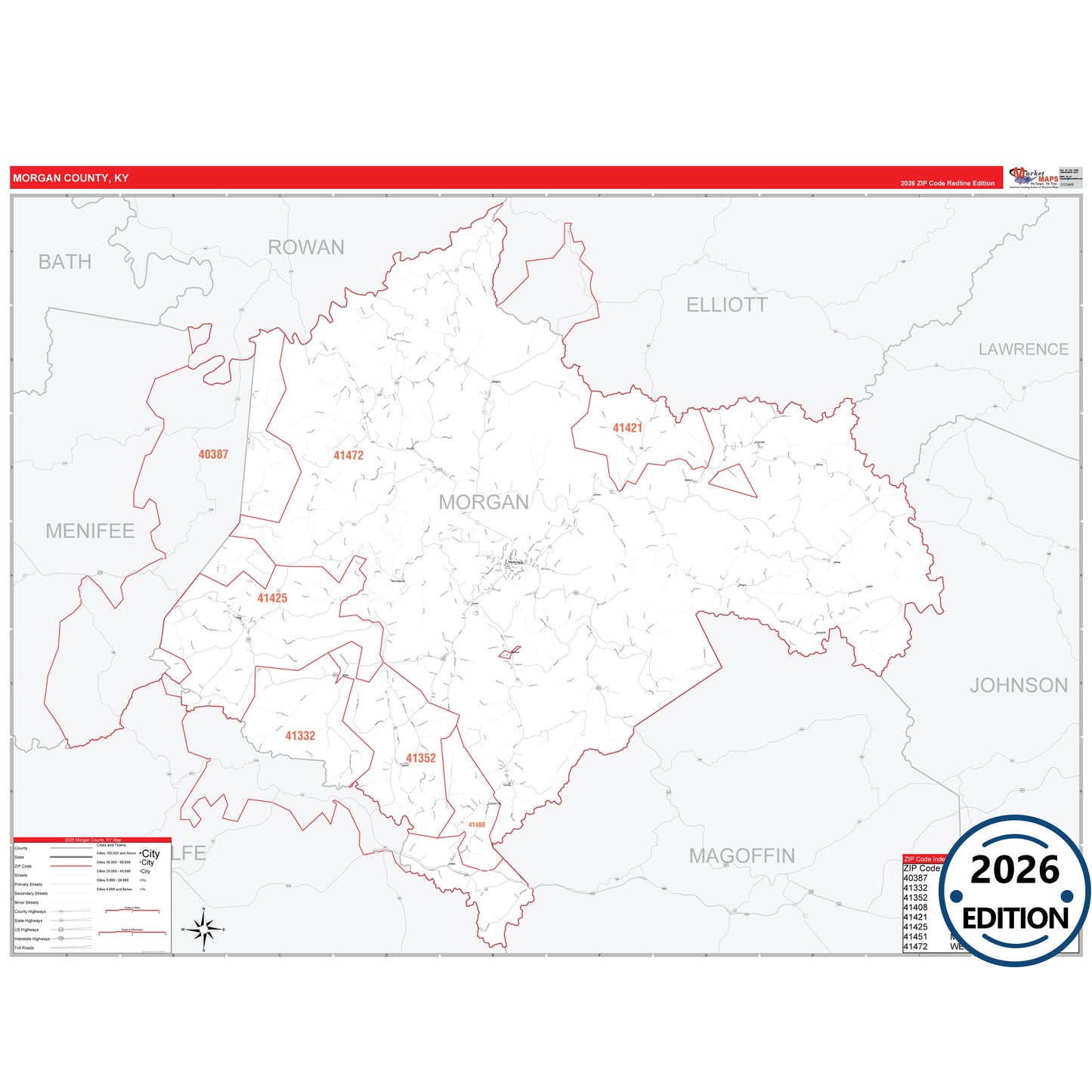 Morgan County, KY Red Line 5 Digit ZIP Code Wall Map
