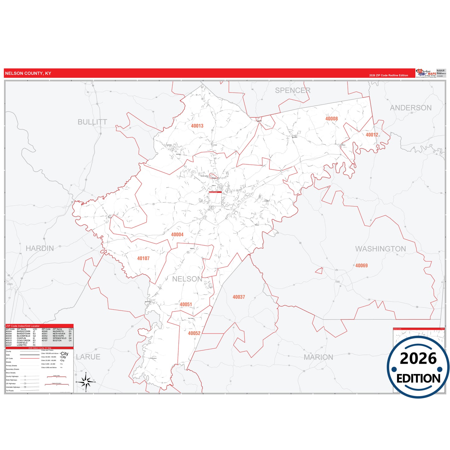 Nelson County, KY Red Line 5 Digit ZIP Code Wall Map
