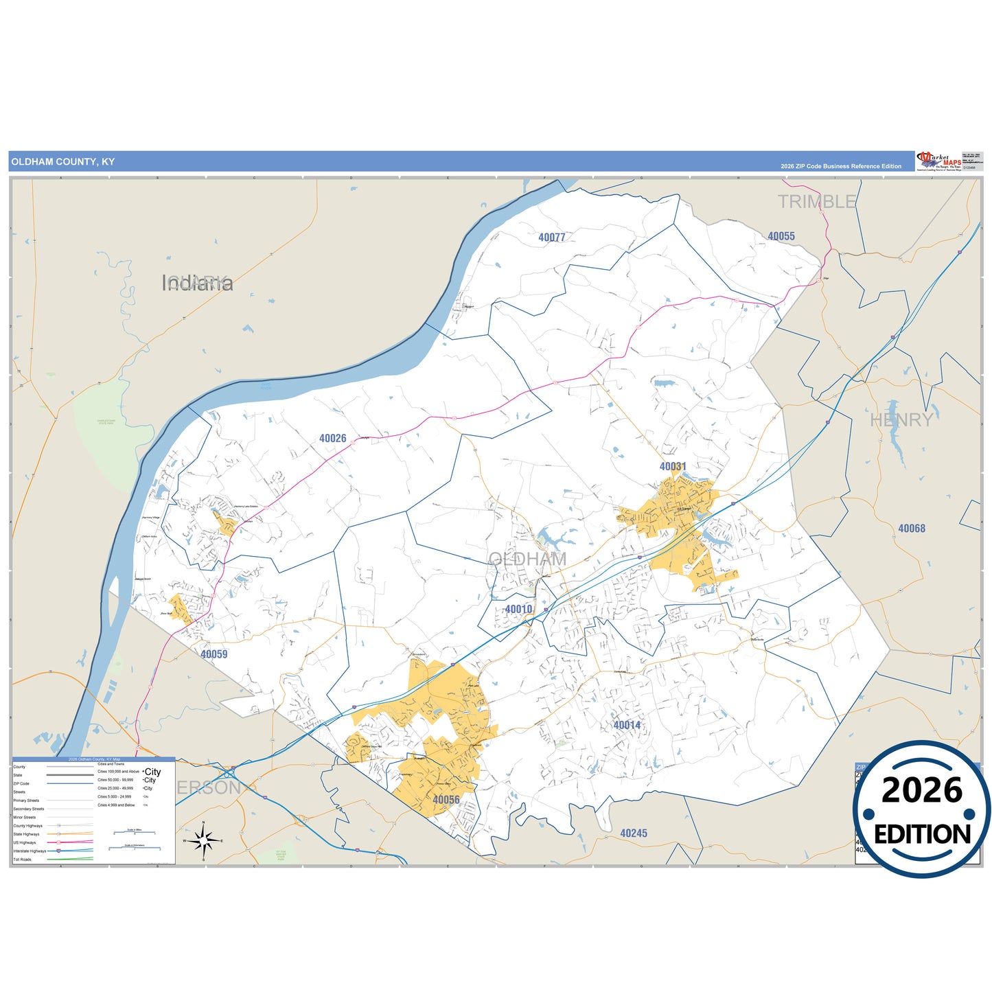 Oldham County, KY Business Reference 5 Digit ZIP Code Wall Map