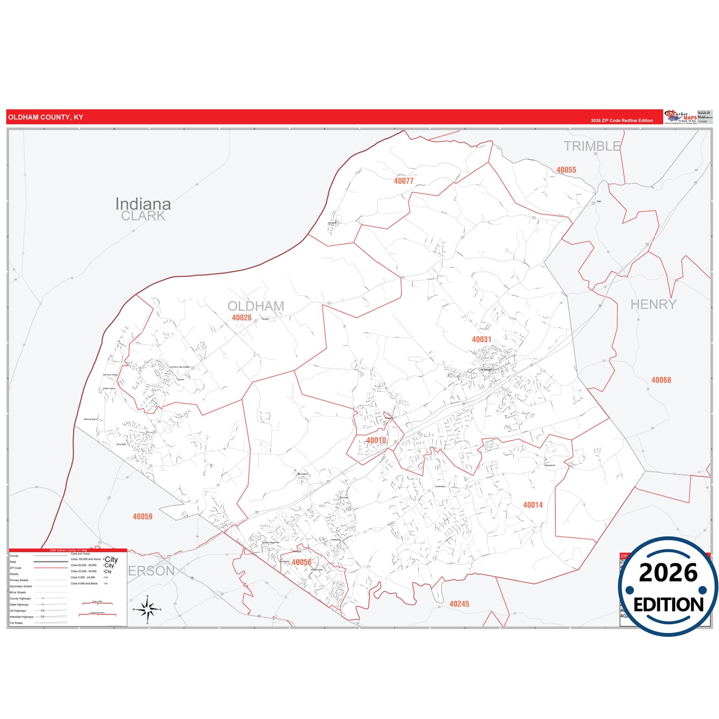 Oldham County, KY Red Line 5 Digit ZIP Code Wall Map