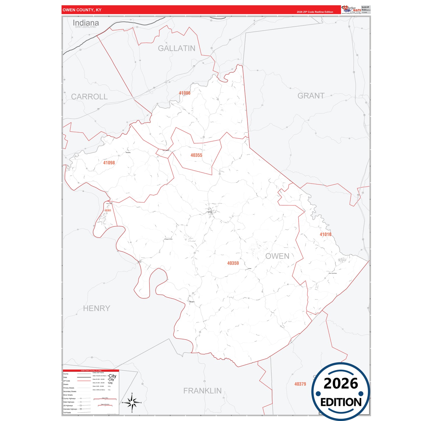 Owen County, KY Red Line 5 Digit ZIP Code Wall Map