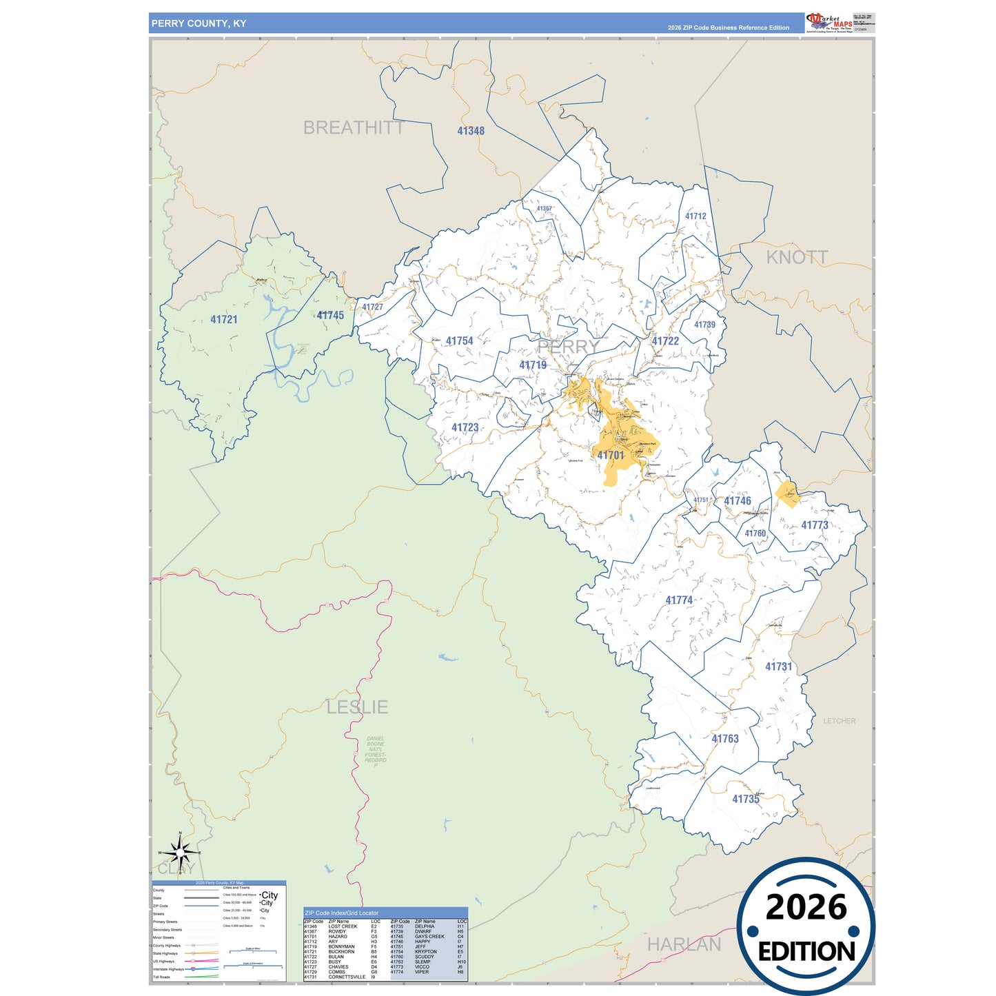 Perry County, KY Business Reference 5 Digit ZIP Code Wall Map