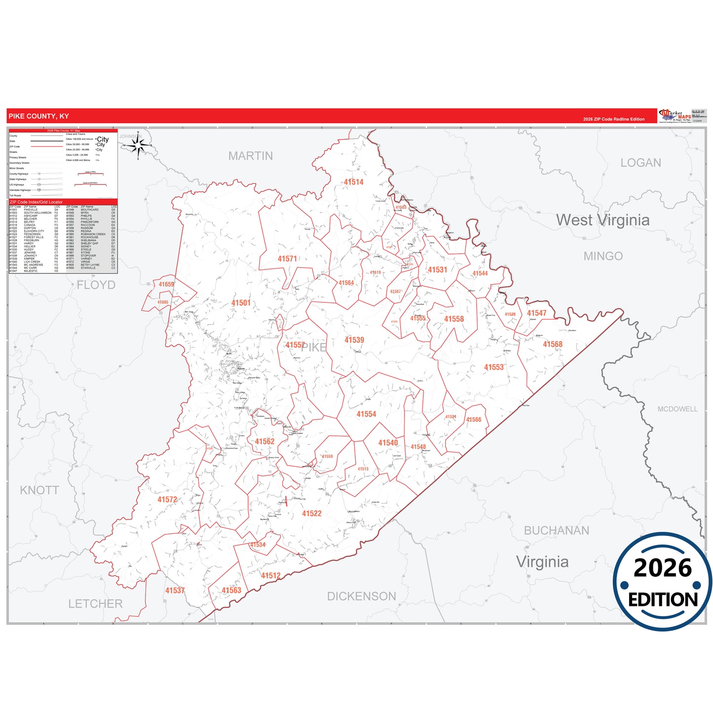 Pike County, KY Red Line 5 Digit ZIP Code Wall Map