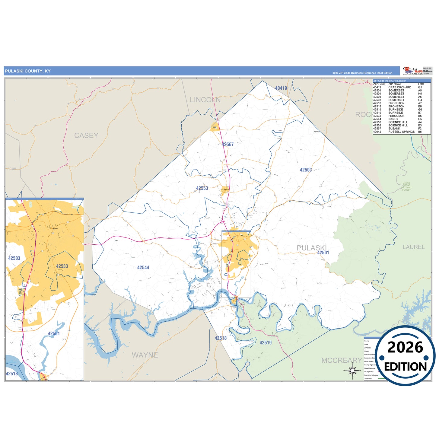 Pulaski County, KY Business Reference 5 Digit ZIP Code Wall Map