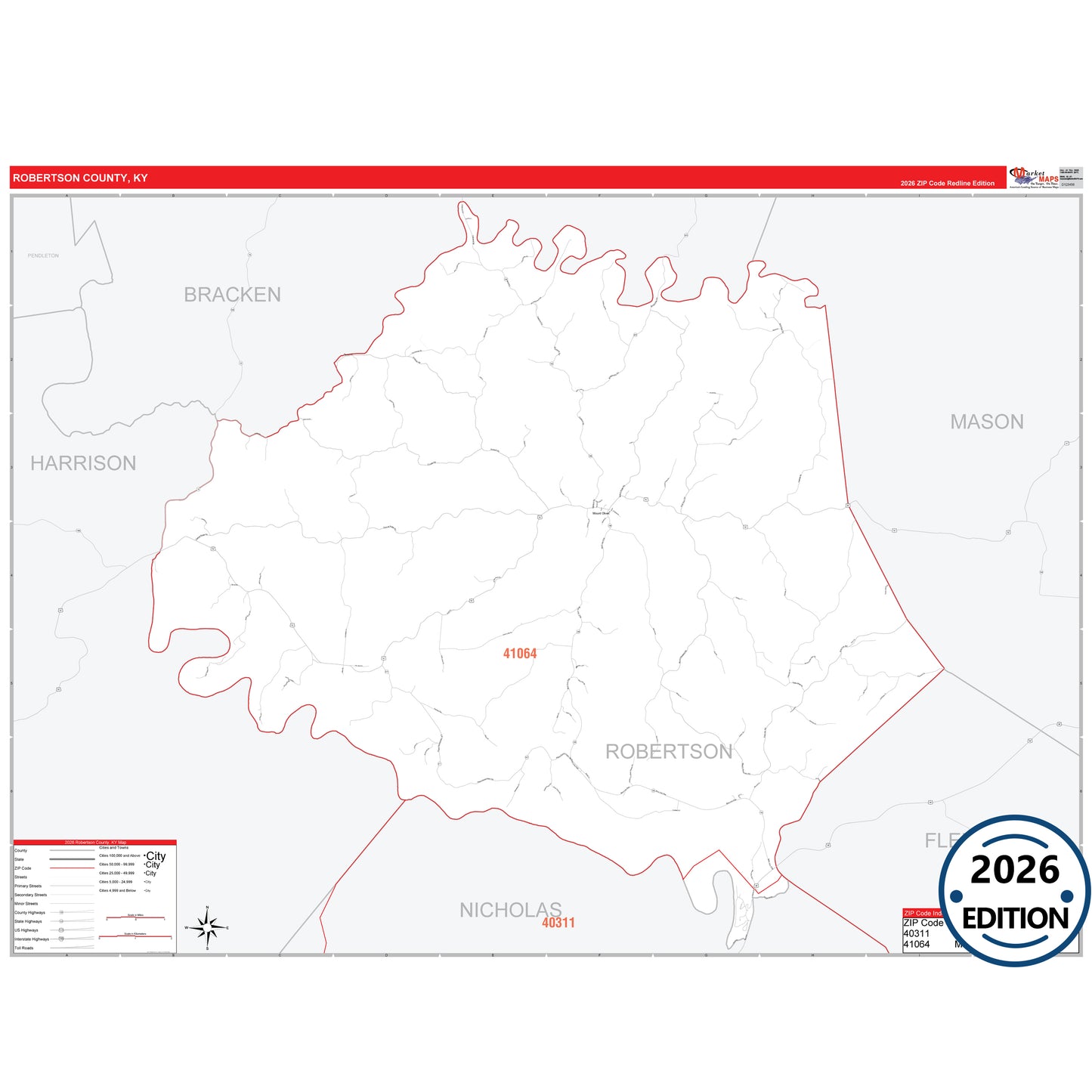 Robertson County, KY Red Line 5 Digit ZIP Code Wall Map