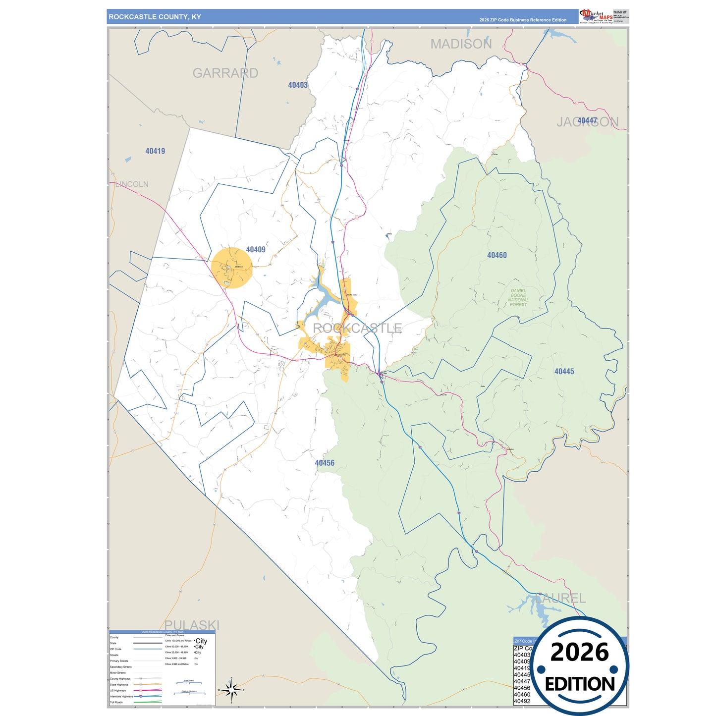 Rockcastle County, KY Business Reference 5 Digit ZIP Code Wall Map
