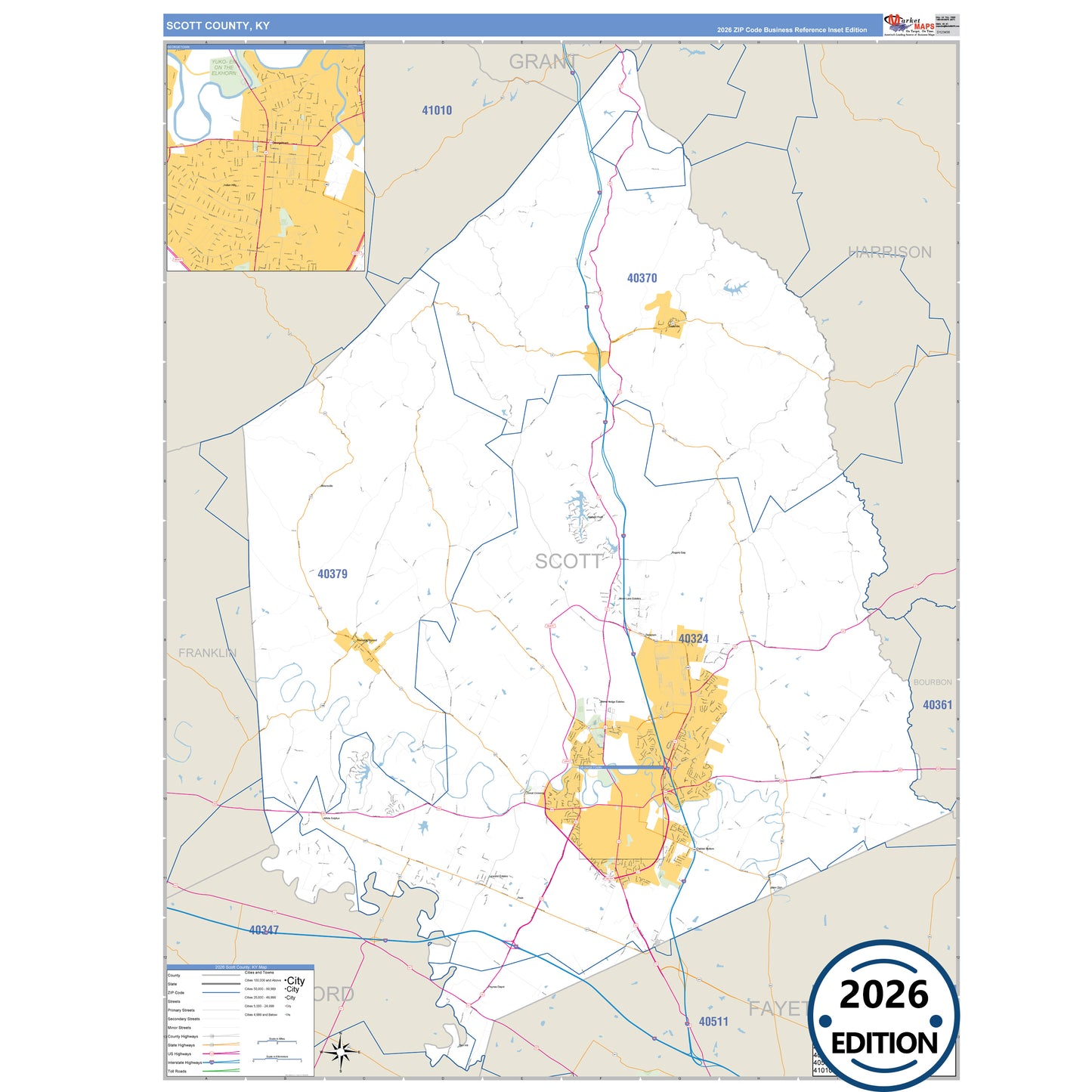 Scott County, KY Business Reference 5 Digit ZIP Code Wall Map