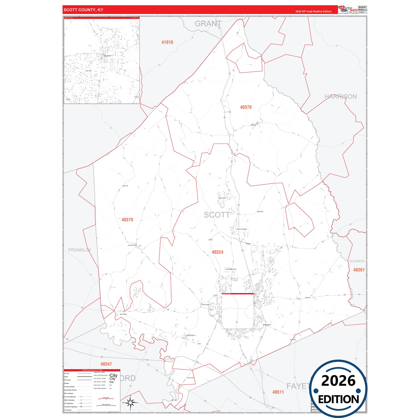 Scott County, KY Red Line 5 Digit ZIP Code Wall Map