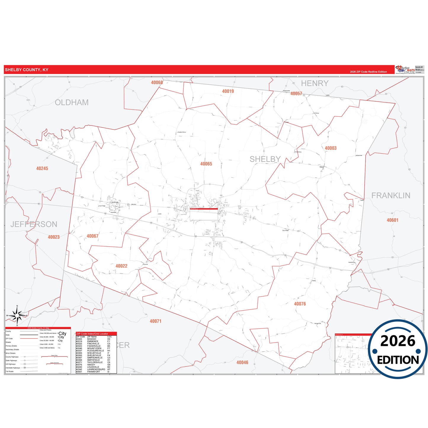 Shelby County, KY Red Line 5 Digit ZIP Code Wall Map