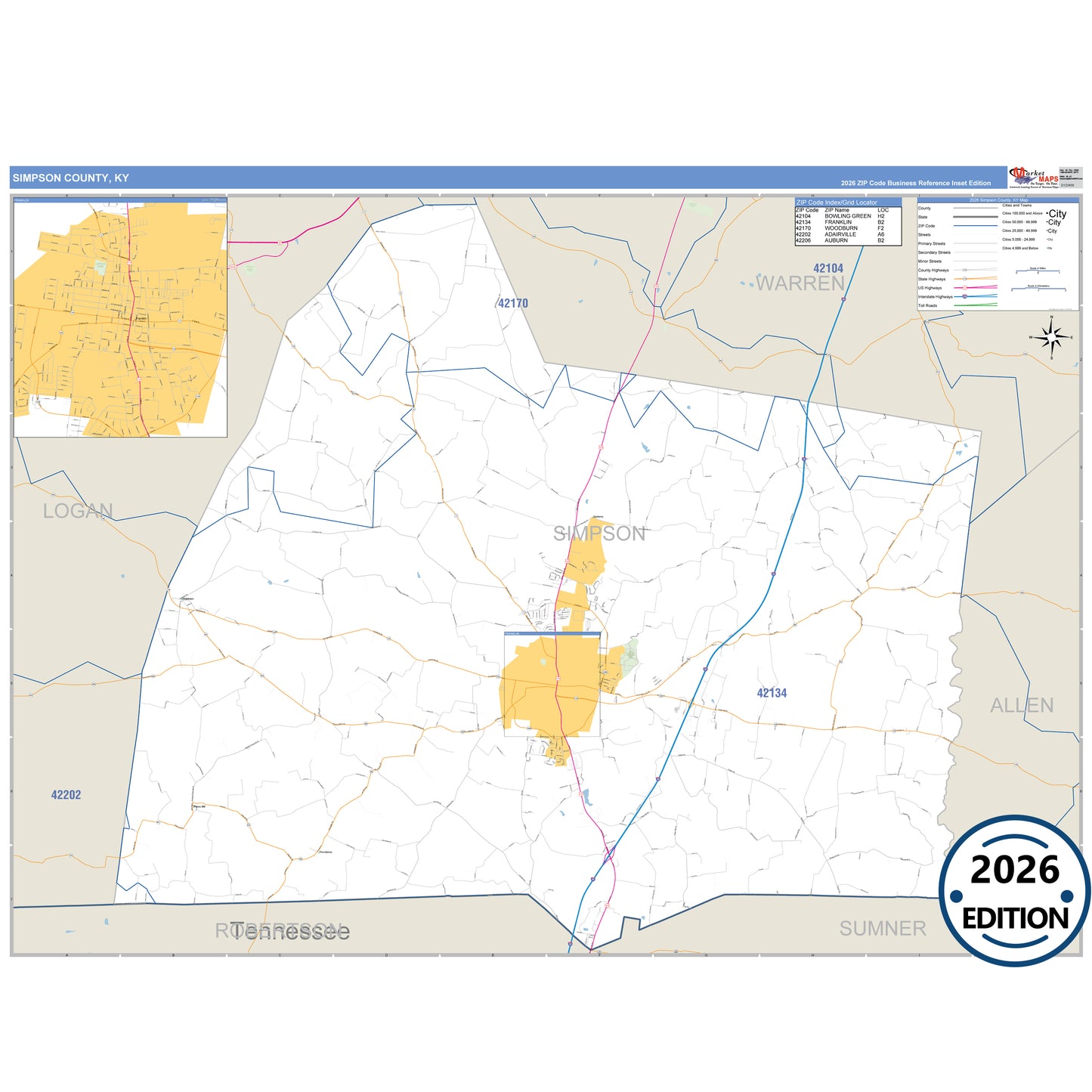 Simpson County, KY Business Reference 5 Digit ZIP Code Wall Map