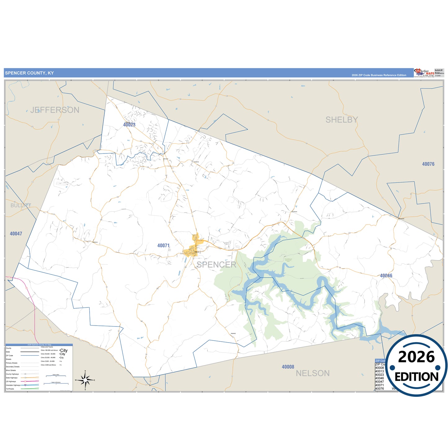 Spencer County, KY Business Reference 5 Digit ZIP Code Wall Map