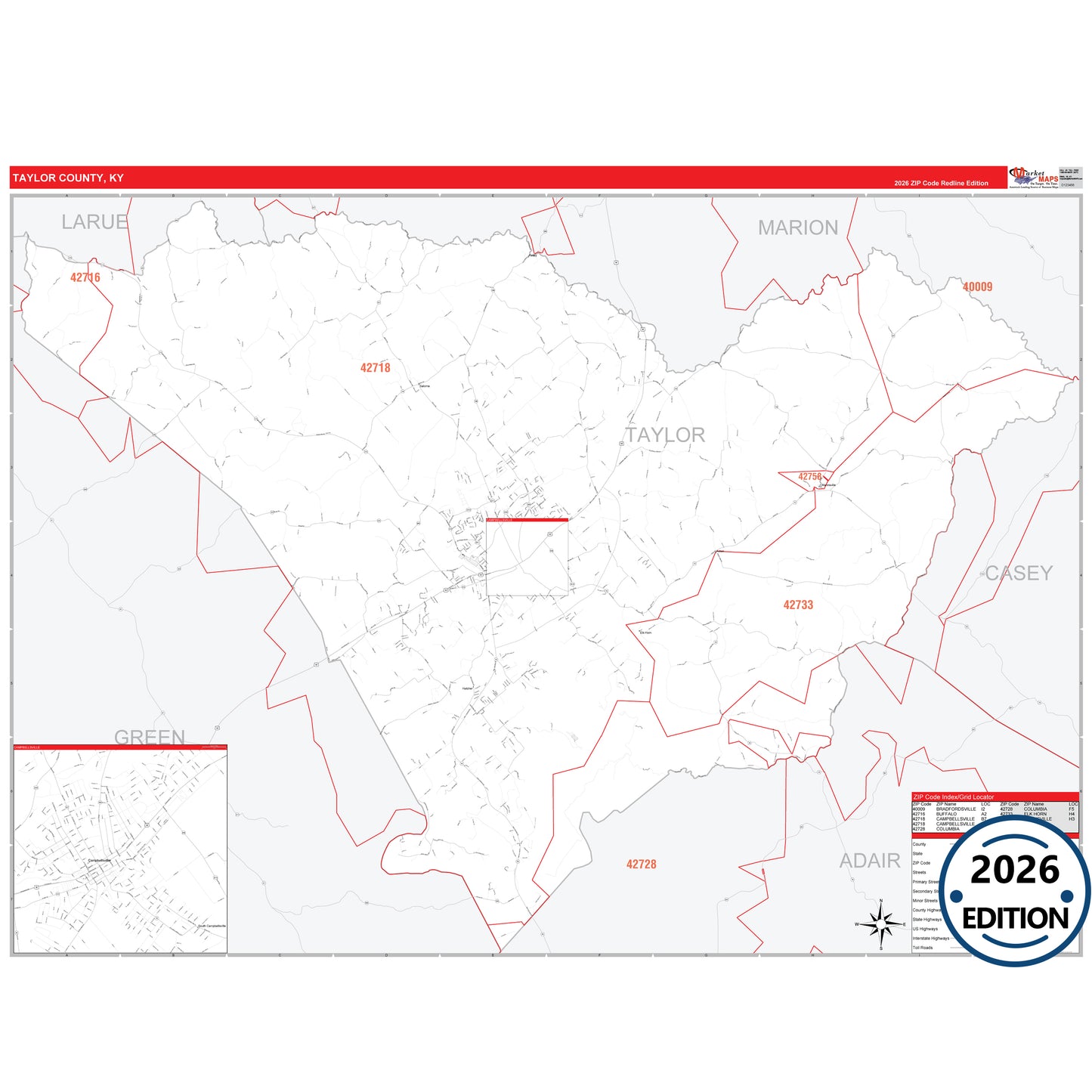 Taylor County, KY Red Line 5 Digit ZIP Code Wall Map