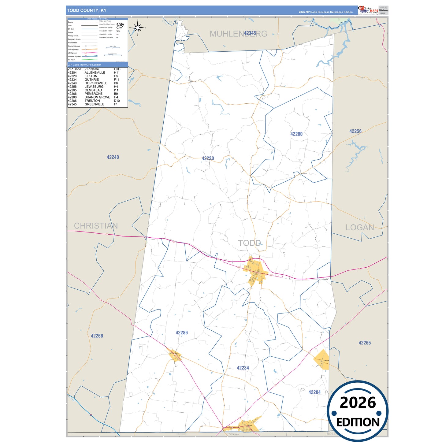 Todd County, KY Business Reference 5 Digit ZIP Code Wall Map