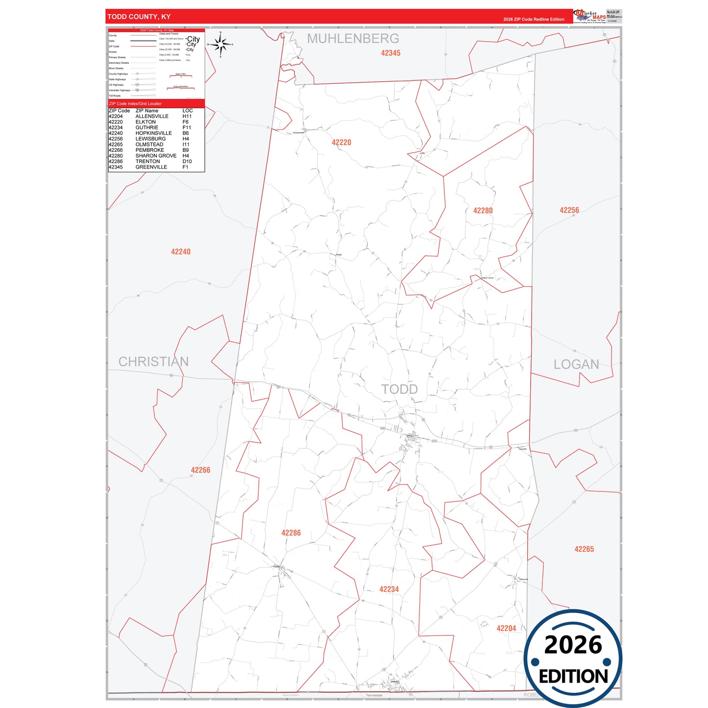 Todd County, KY Red Line 5 Digit ZIP Code Wall Map