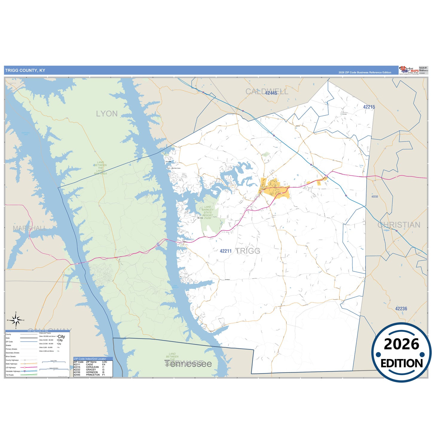 Trigg County, KY Business Reference 5 Digit ZIP Code Wall Map