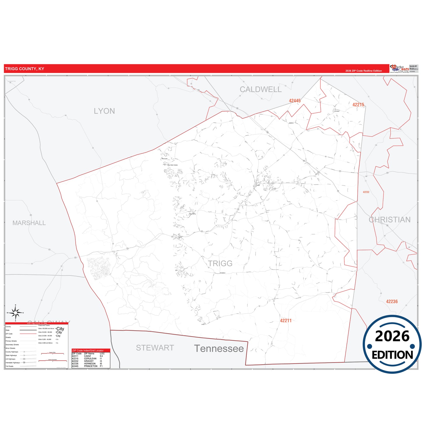 Trigg County, KY Red Line 5 Digit ZIP Code Wall Map
