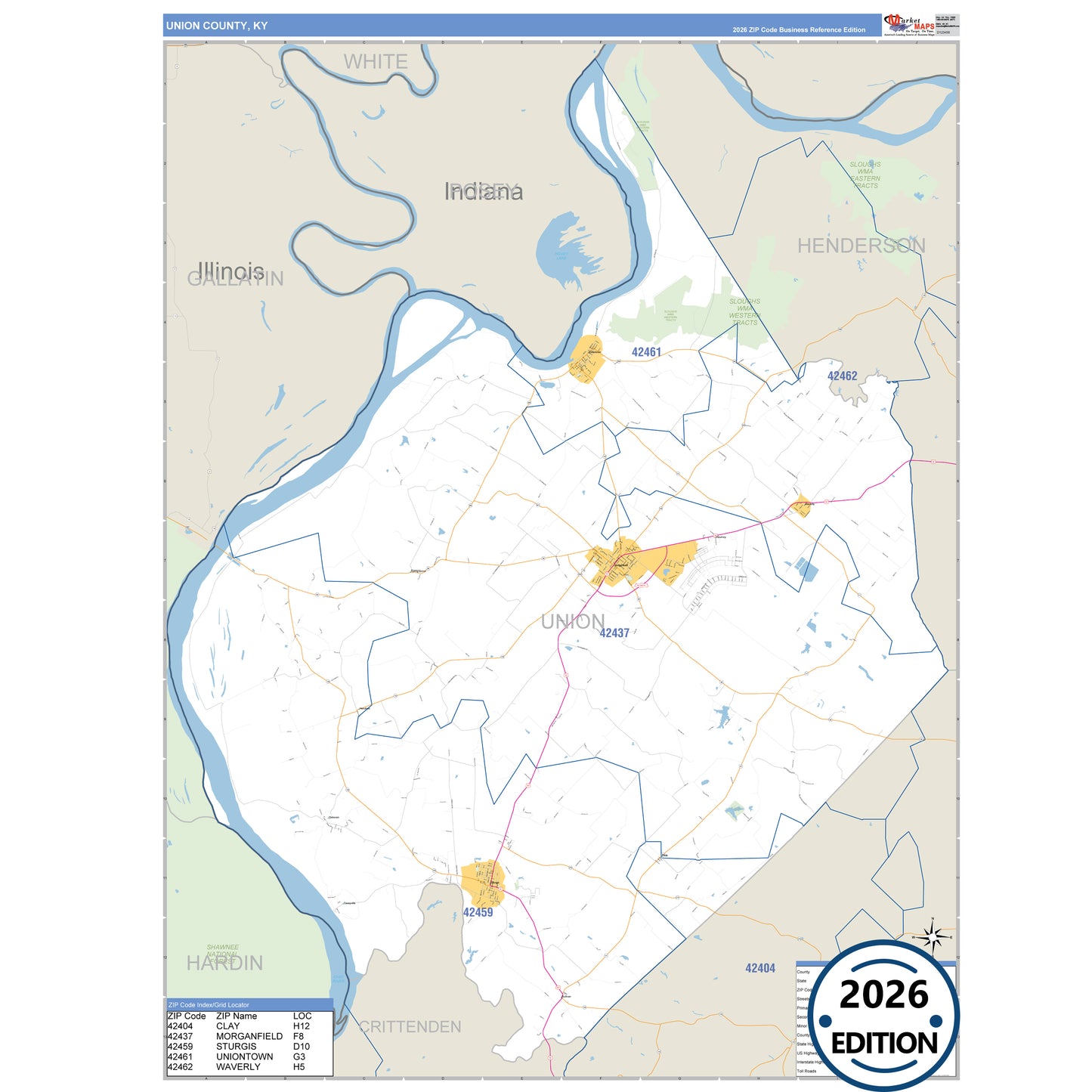 Union County, KY Business Reference 5 Digit ZIP Code Wall Map