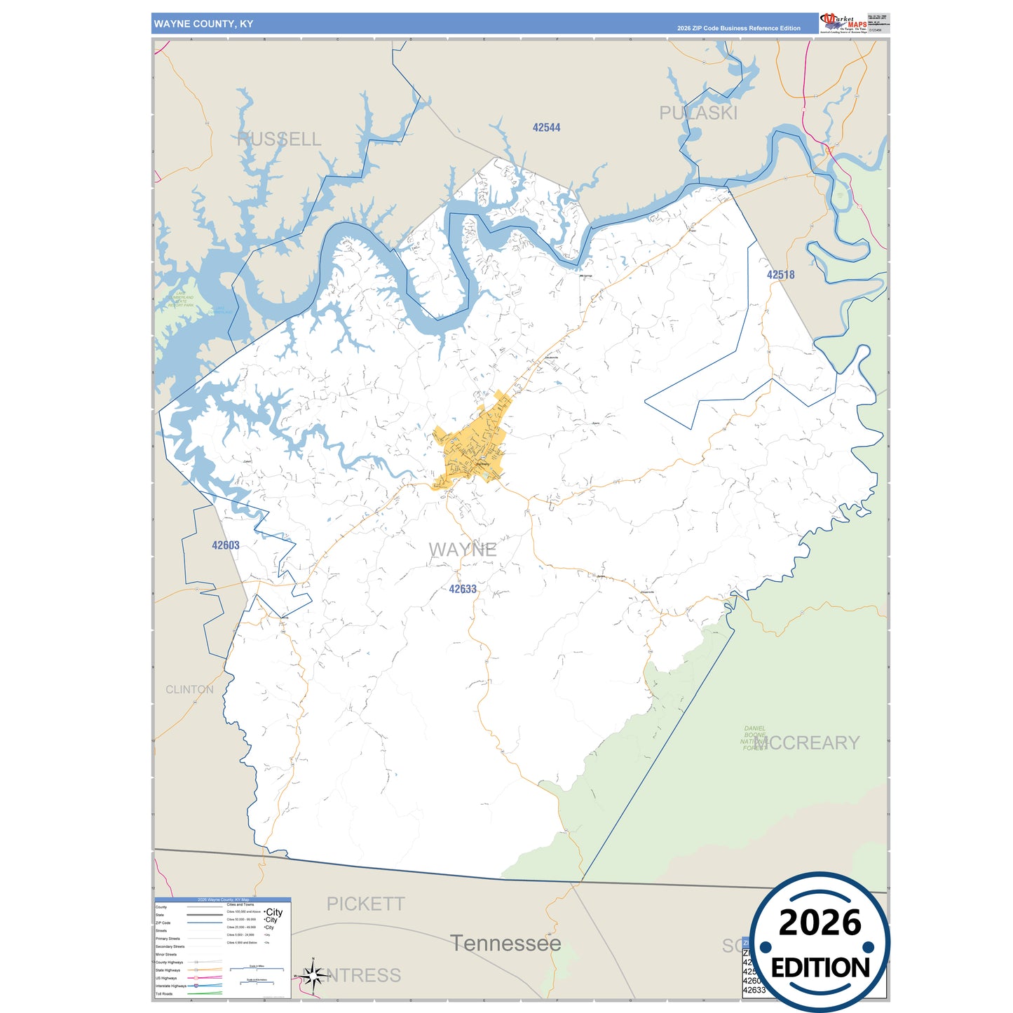 Wayne County, KY Business Reference 5 Digit ZIP Code Wall Map