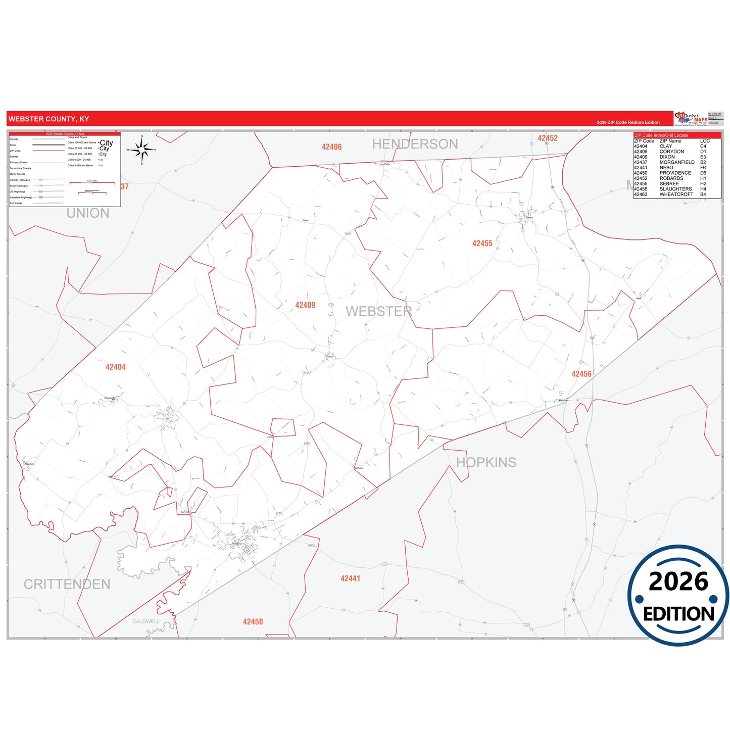 Webster County, KY Red Line 5 Digit ZIP Code Wall Map