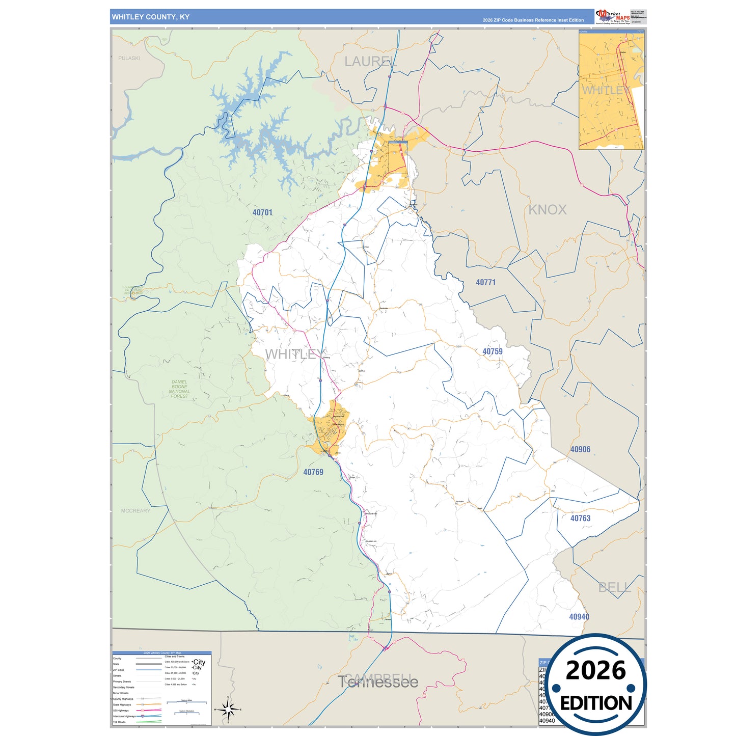 Whitley County, KY Business Reference 5 Digit ZIP Code Wall Map