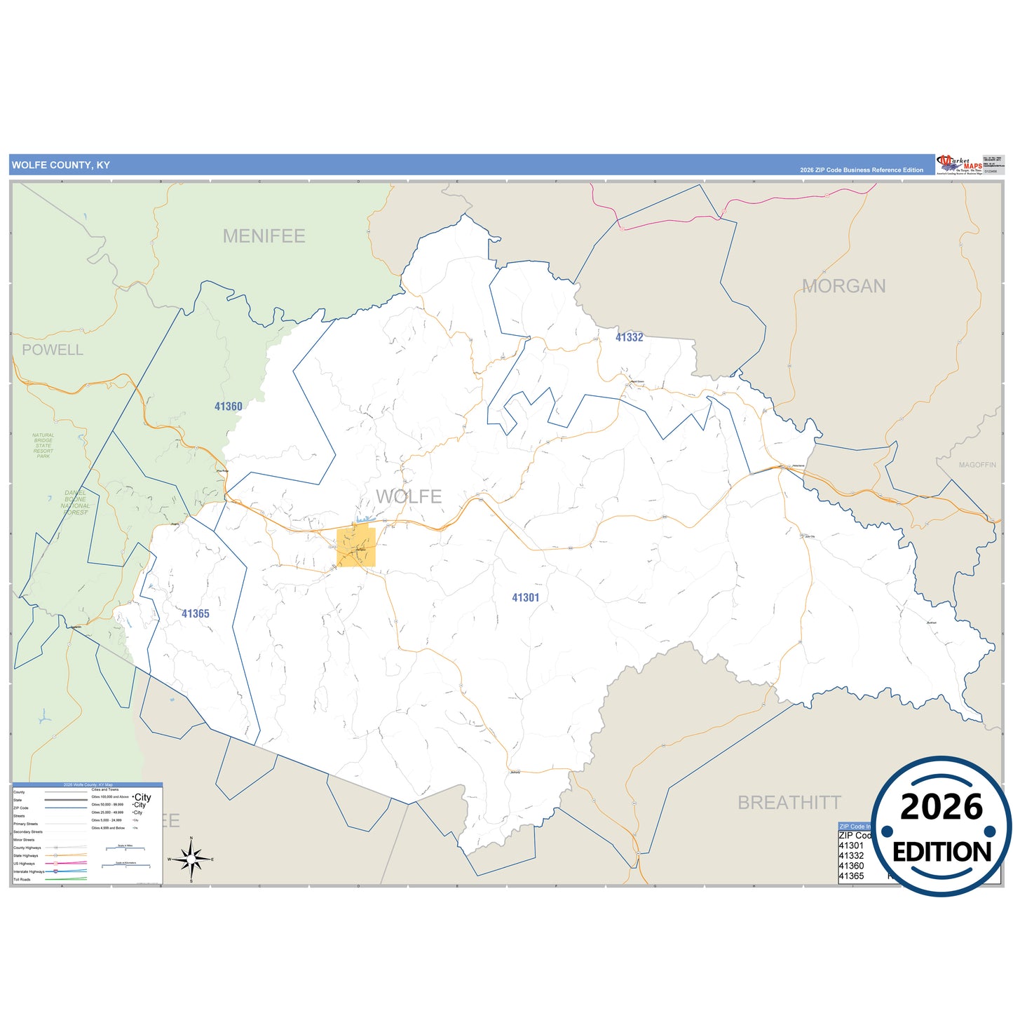 Wolfe County, KY Business Reference 5 Digit ZIP Code Wall Map