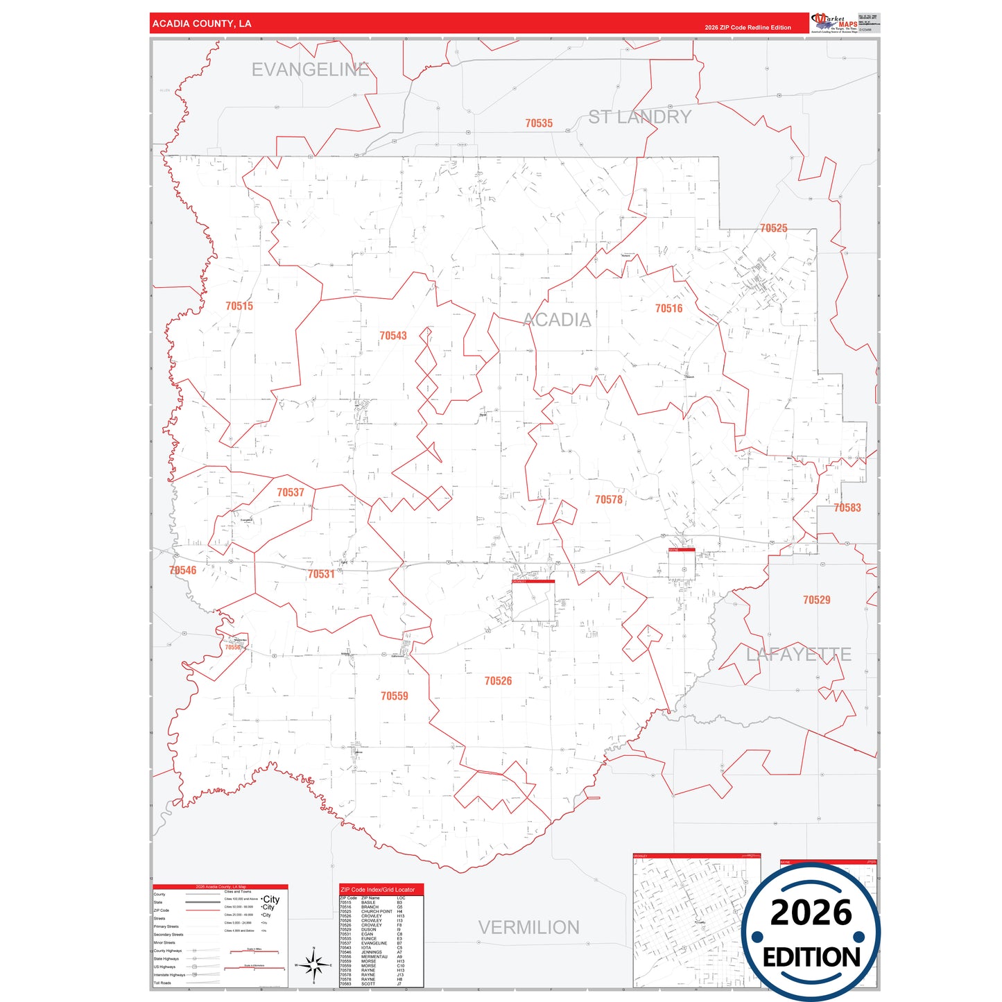 Acadia County, LA Red Line 5 Digit ZIP Code Wall Map
