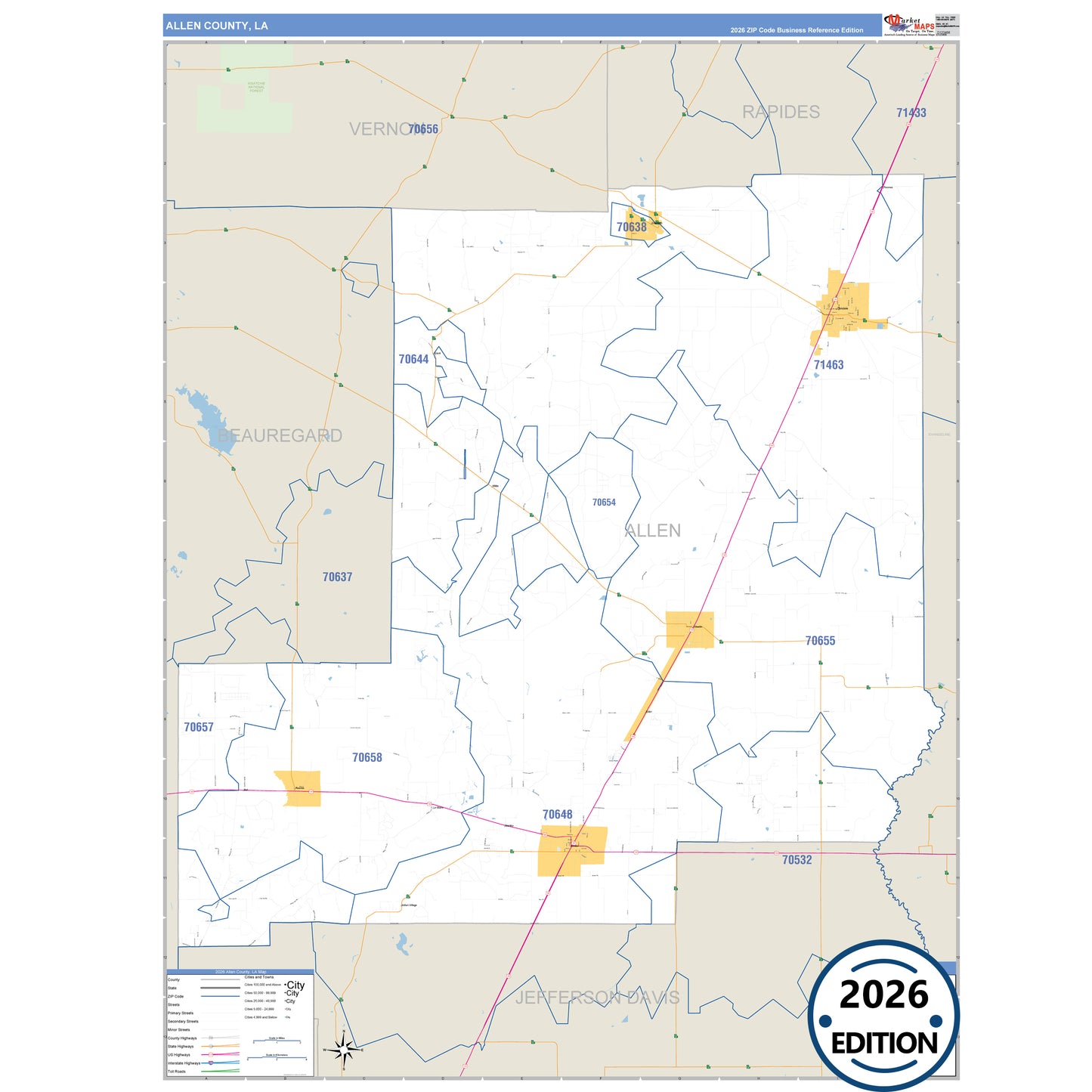 Allen County, LA Business Reference 5 Digit ZIP Code Wall Map