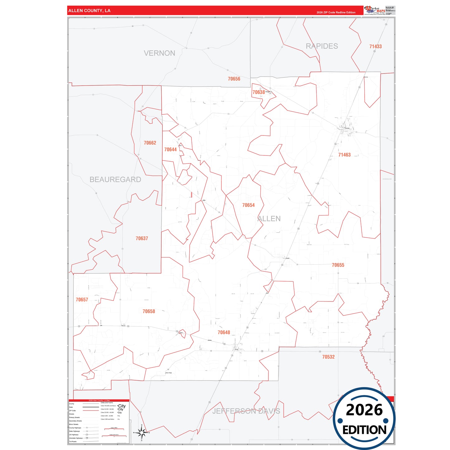 Allen County, LA Red Line 5 Digit ZIP Code Wall Map