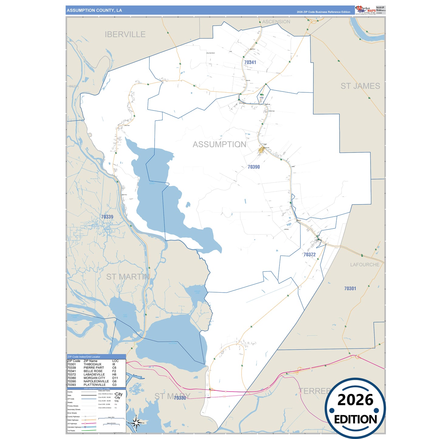 Assumption County, LA Business Reference 5 Digit ZIP Code Wall Map