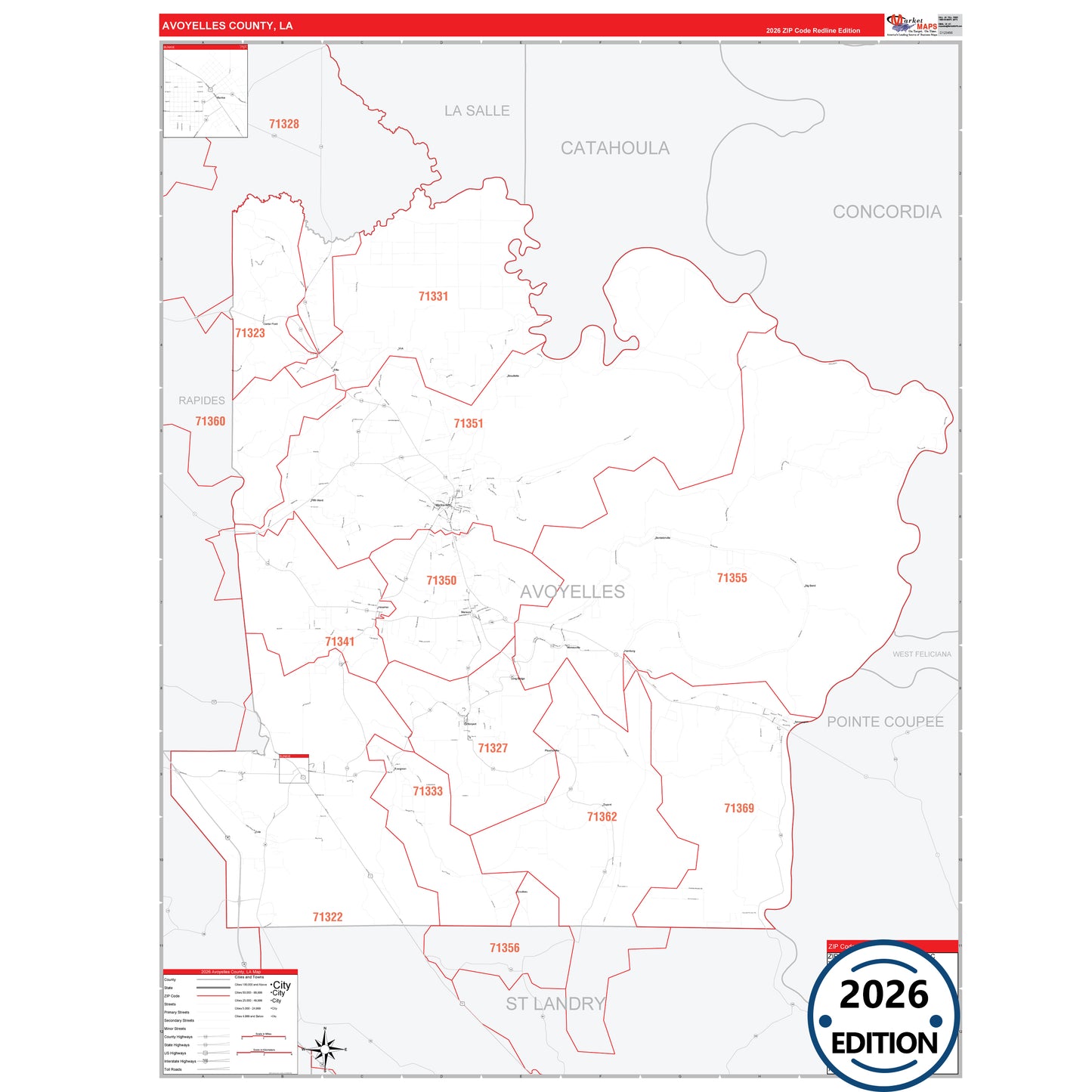Avoyelles County, LA Red Line 5 Digit ZIP Code Wall Map