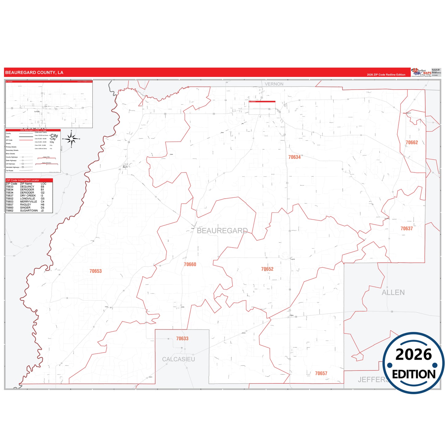 Beauregard County, LA Red Line 5 Digit ZIP Code Wall Map