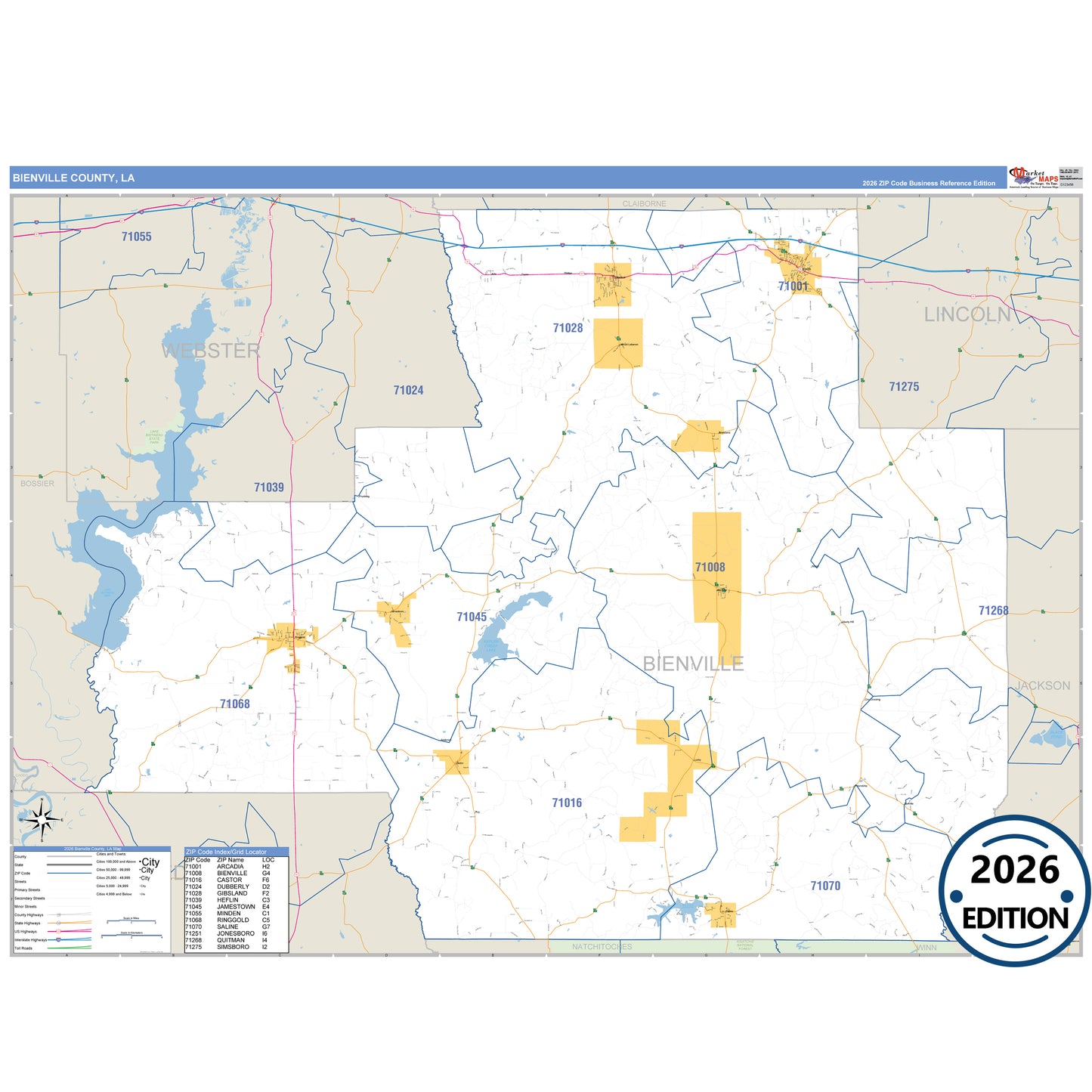 Bienville County, LA Business Reference 5 Digit ZIP Code Wall Map