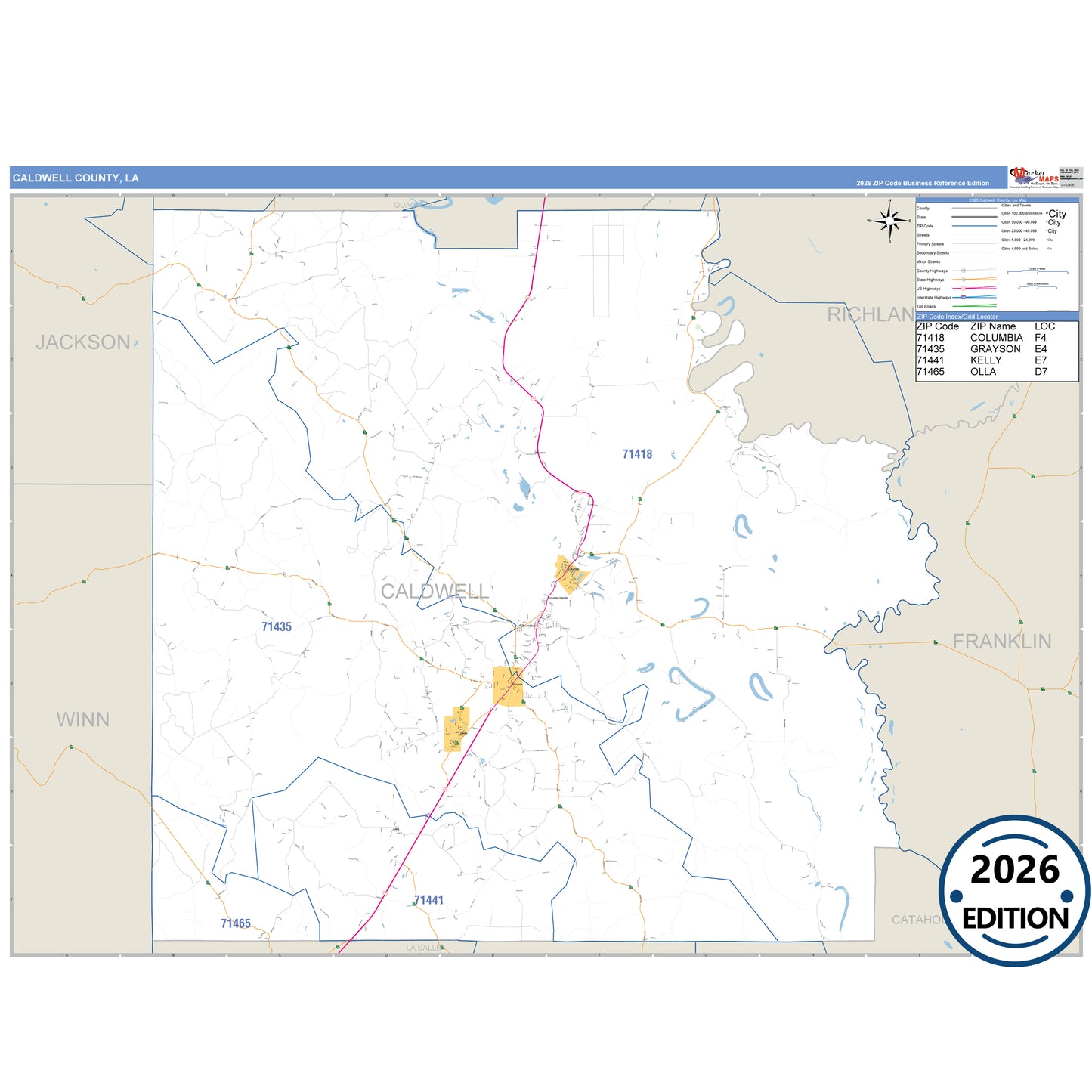 Caldwell County, LA Business Reference 5 Digit ZIP Code Wall Map
