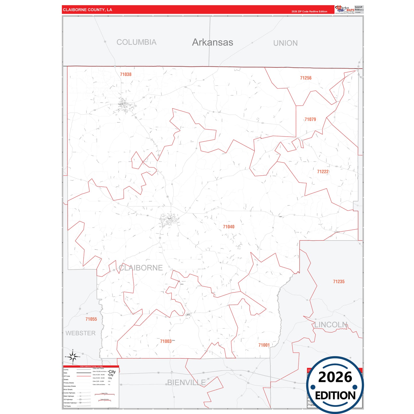 Claiborne County, LA Red Line 5 Digit ZIP Code Wall Map