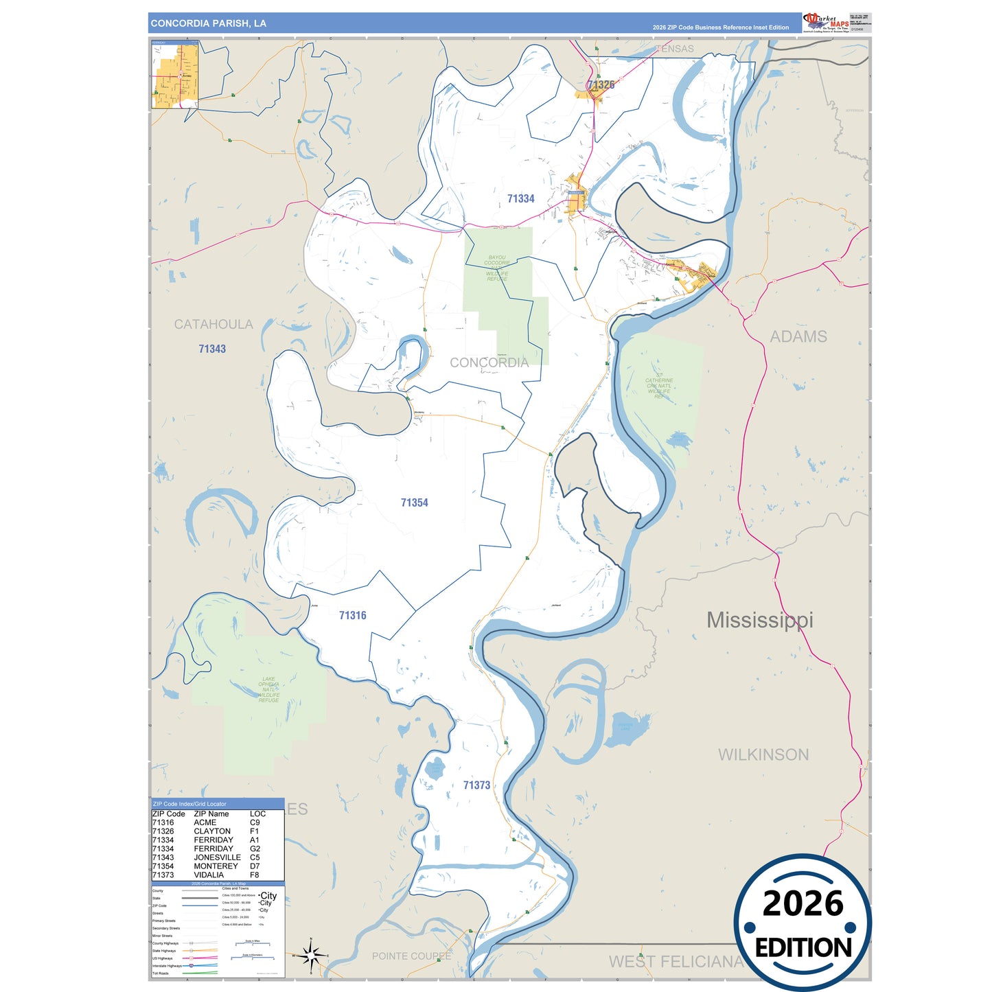 Concordia County, LA Business Reference 5 Digit ZIP Code Wall Map